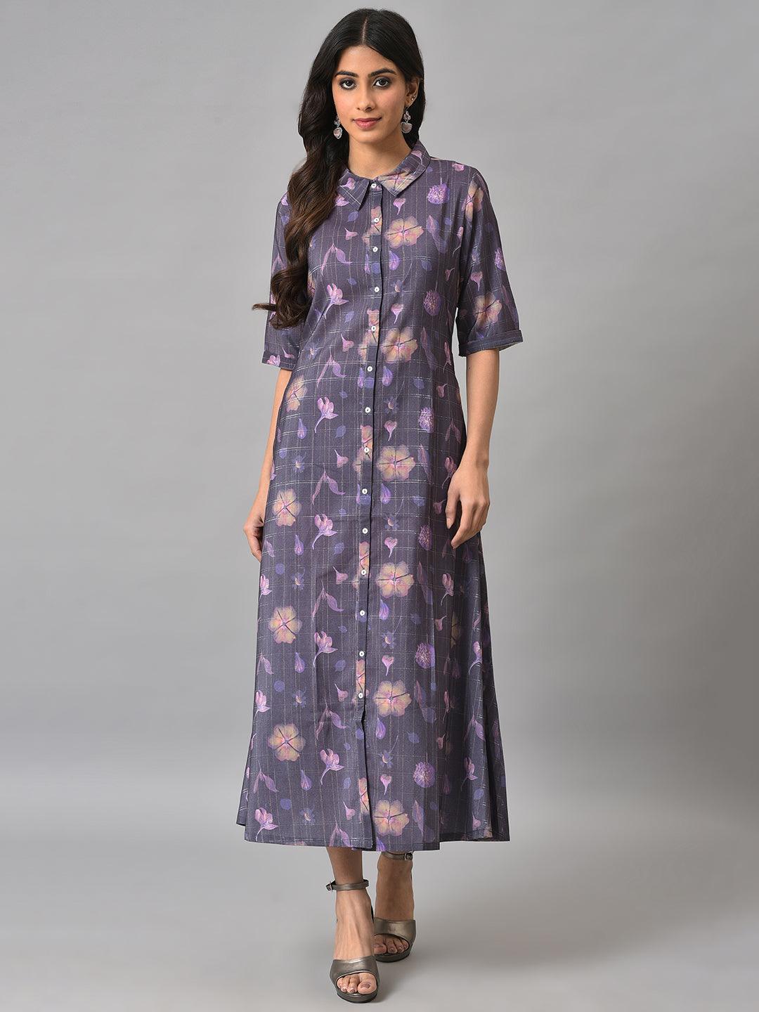 W for Woman Purple Floral Printed Shirt Dress