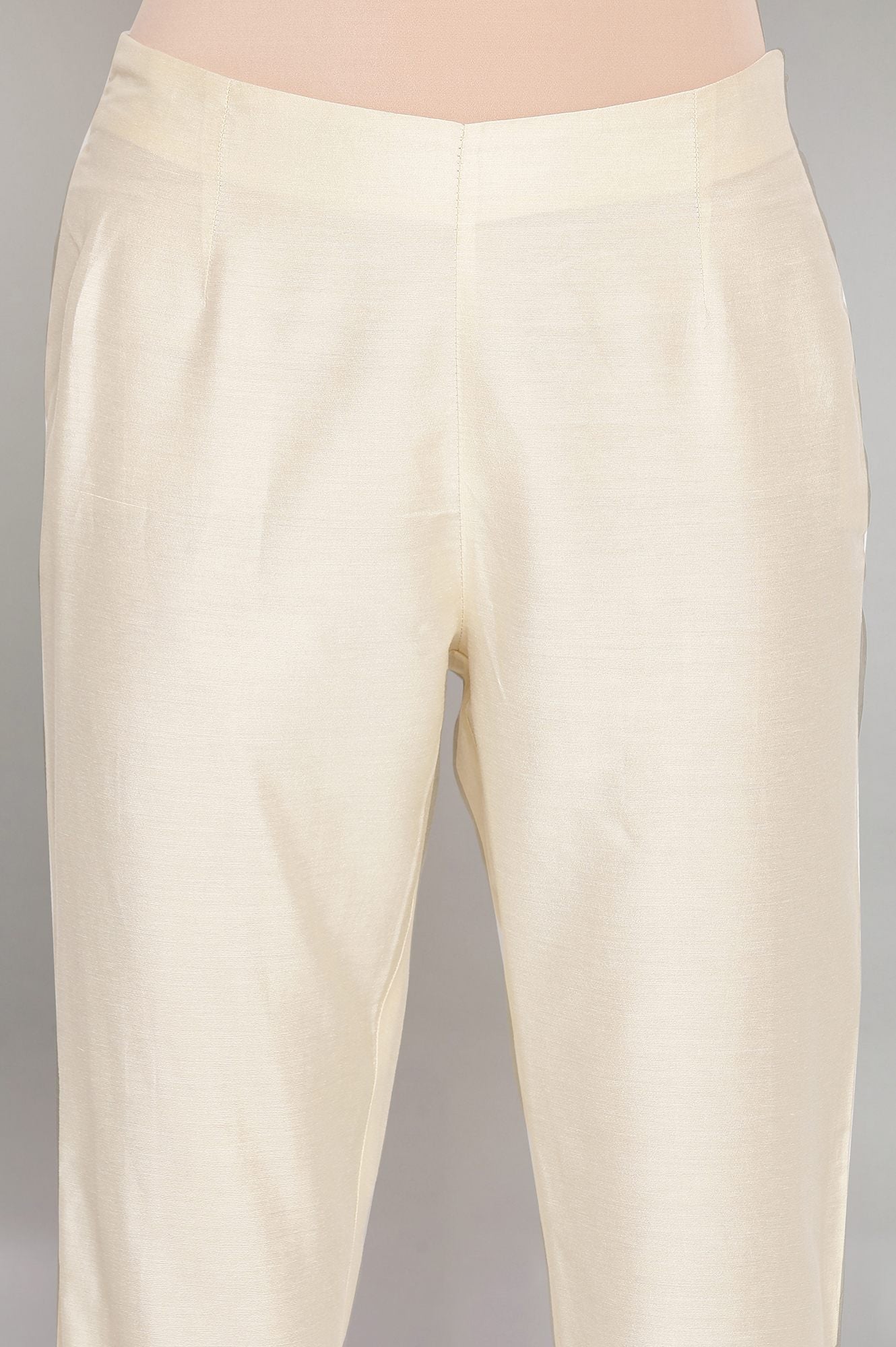 W for Woman Beige Solid Slim Pants With Embroidered Organza Panel