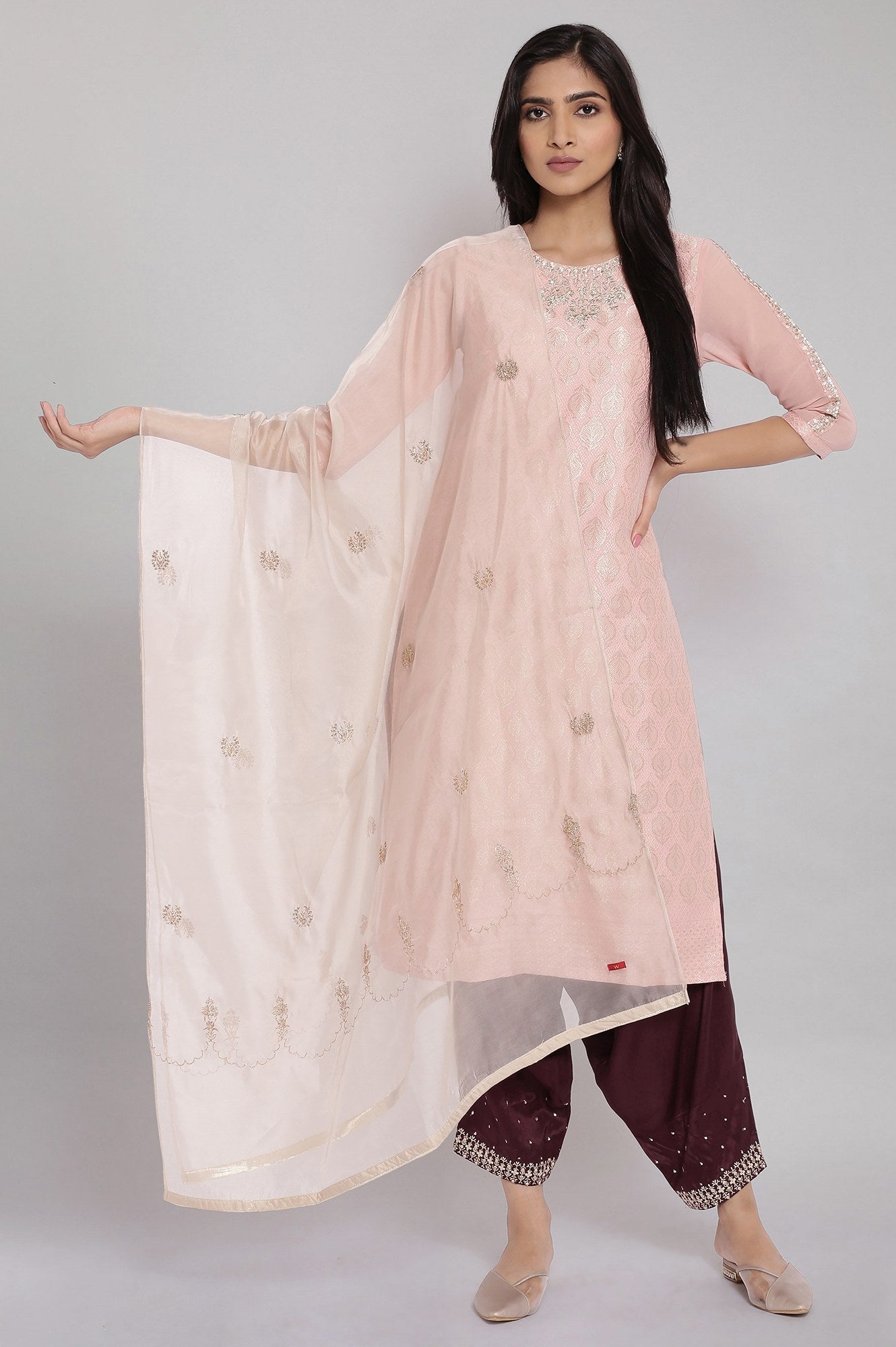 W for Woman Beige Embroidered Organza Dupatta