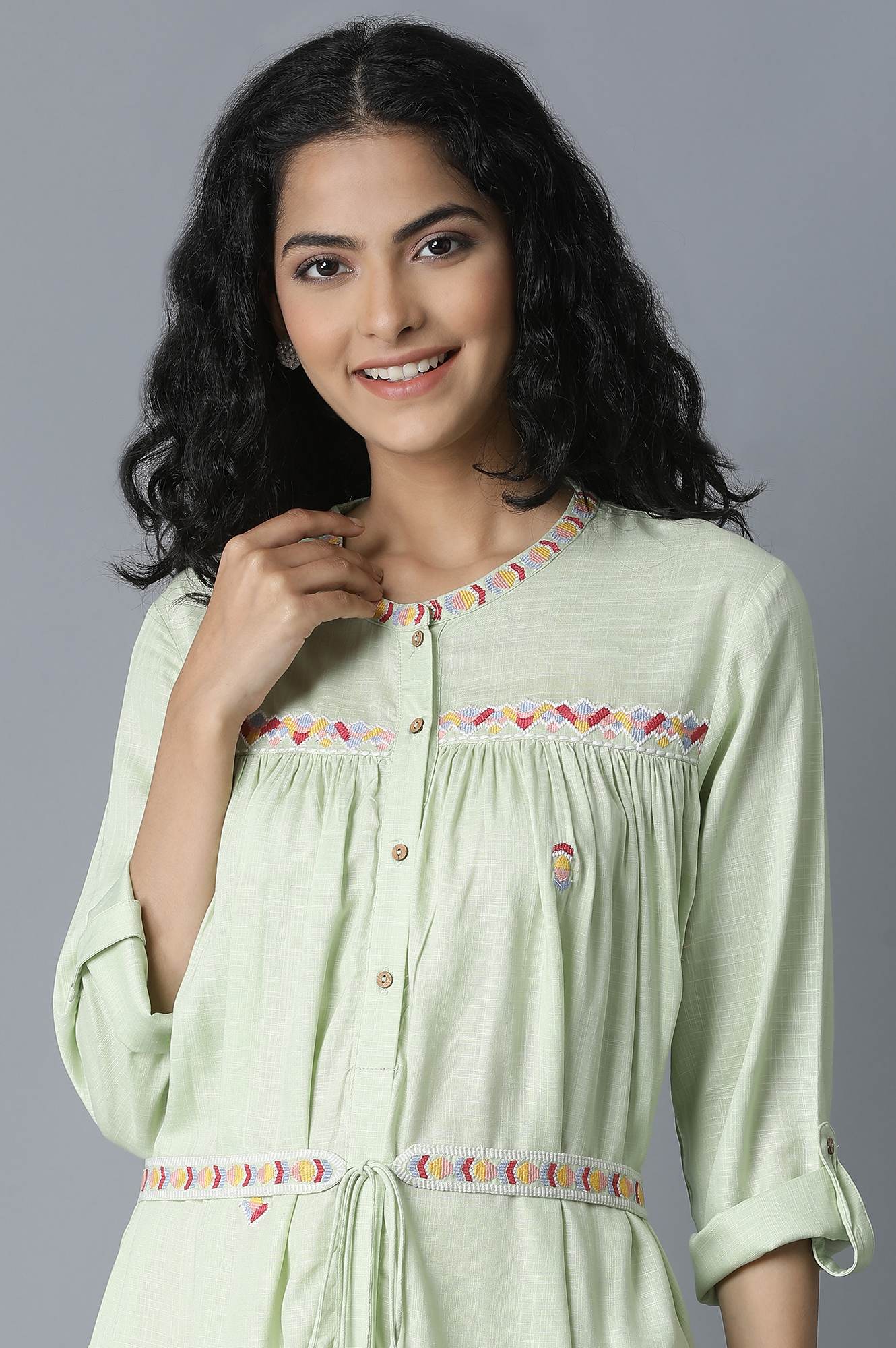W for Woman Pista Green Gathered Shirt Dress