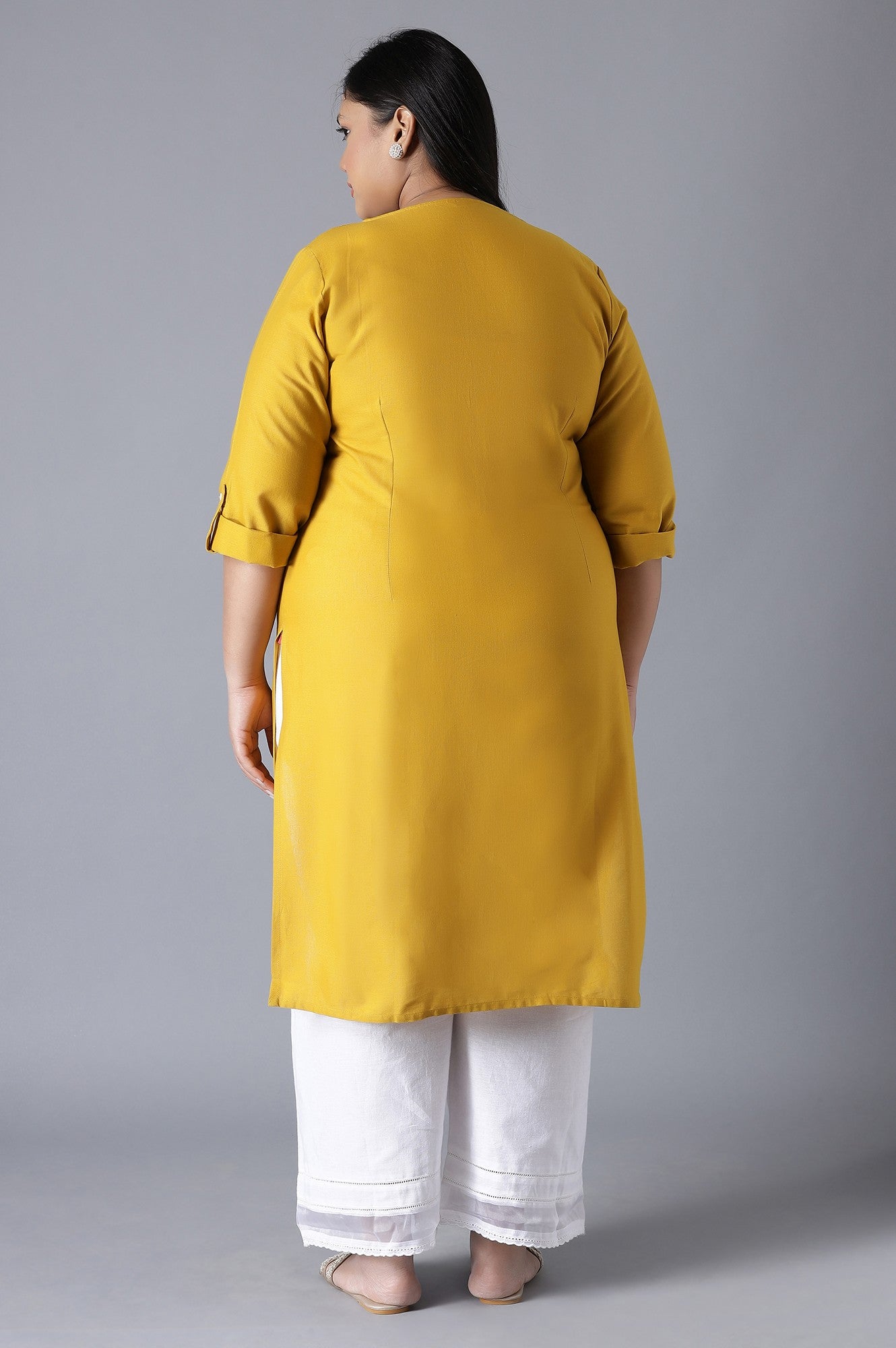 W for Woman Yellow Round Neck Solid kurta