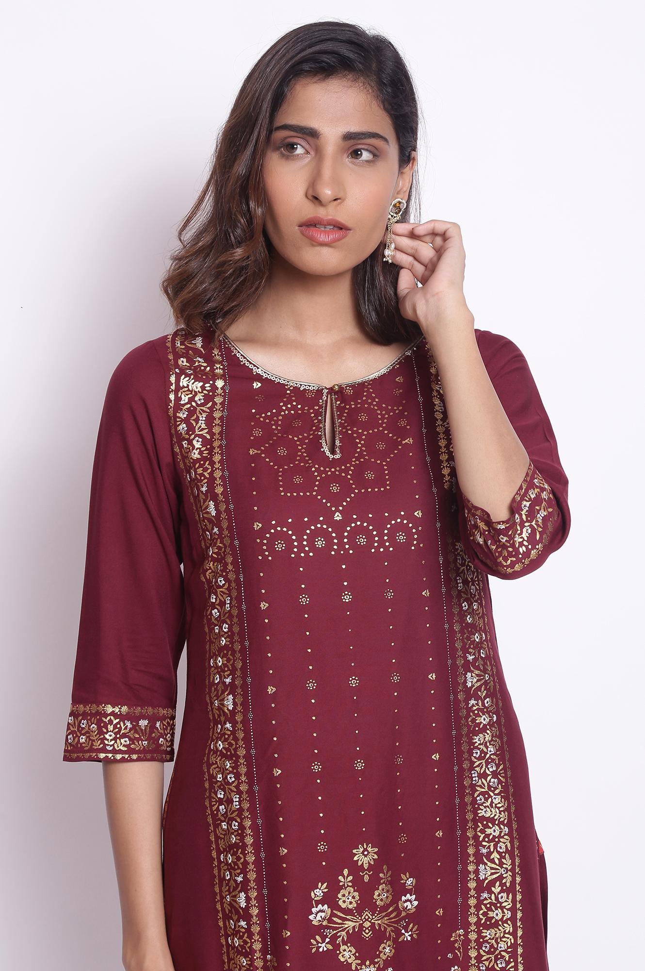 W for Woman Purple Straight Foil Print kurta
