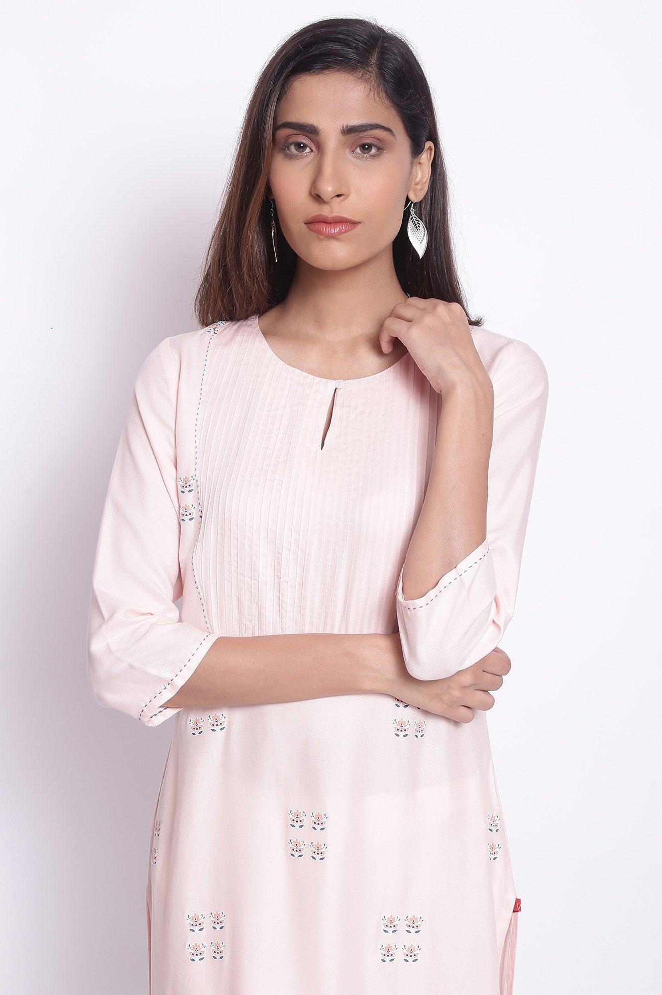 W for Woman Peach Pink kurta with Pintuck on Yoke