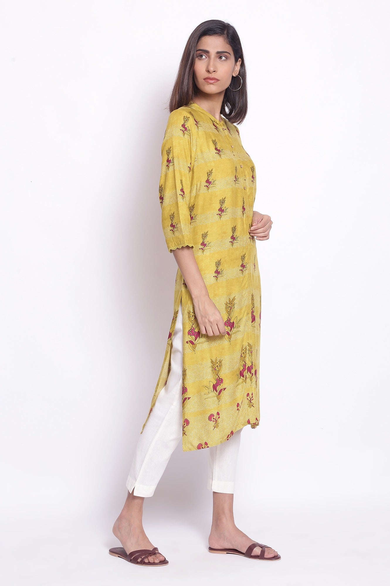 W for Woman Celery Yellow Placement Print kurta