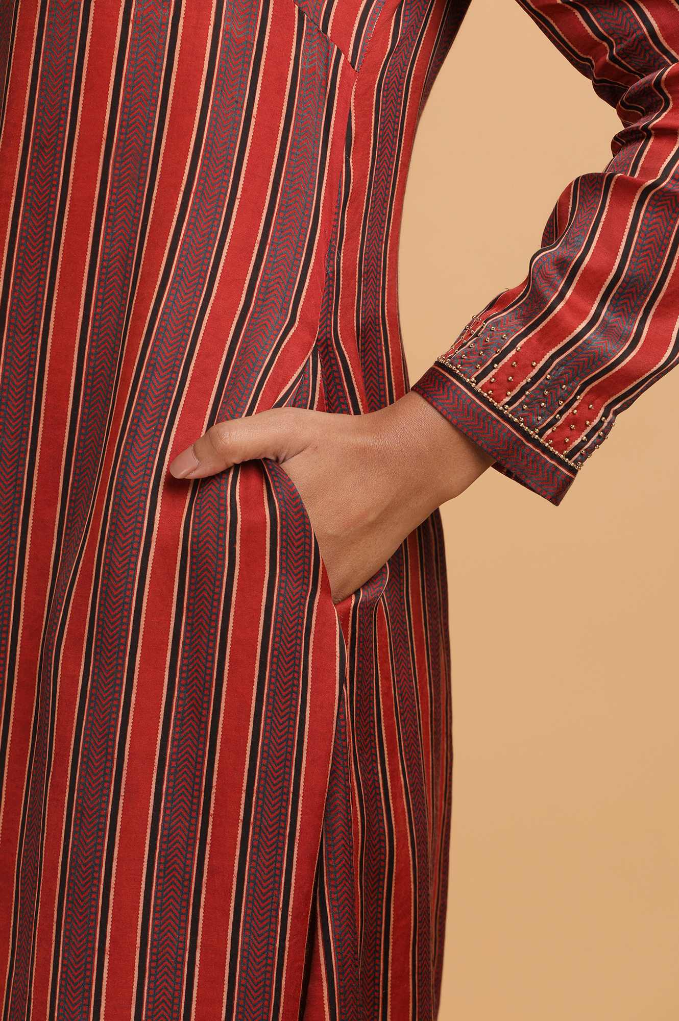 W for Woman Red Stripes Ajrakh Print kurta in Modal satin