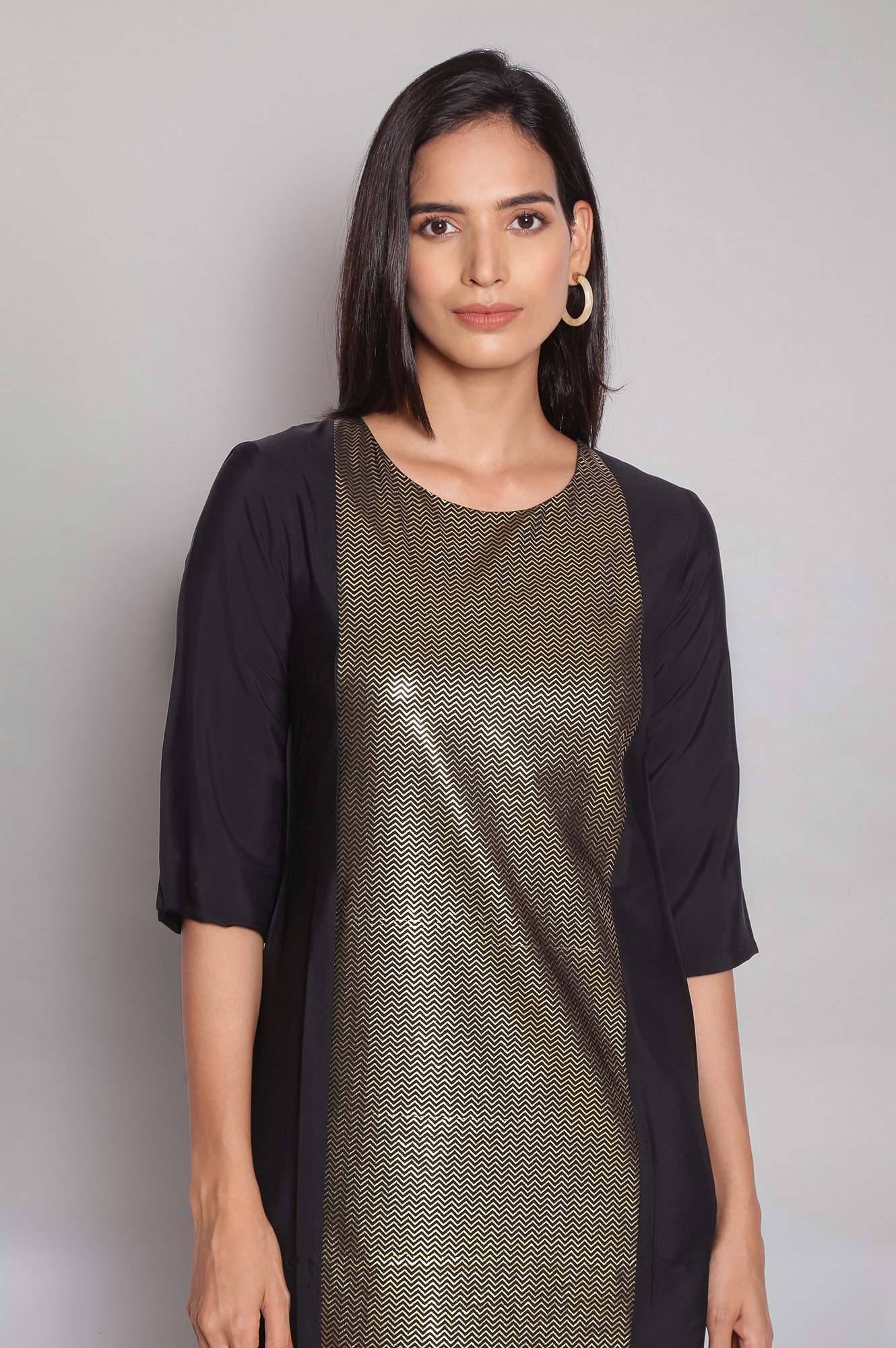 W for Woman Black American Crepe Placement Print kurta