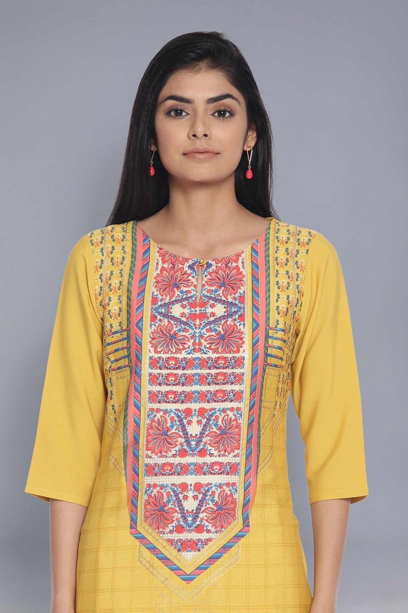 W for Woman Yellow Printed Straight kurta