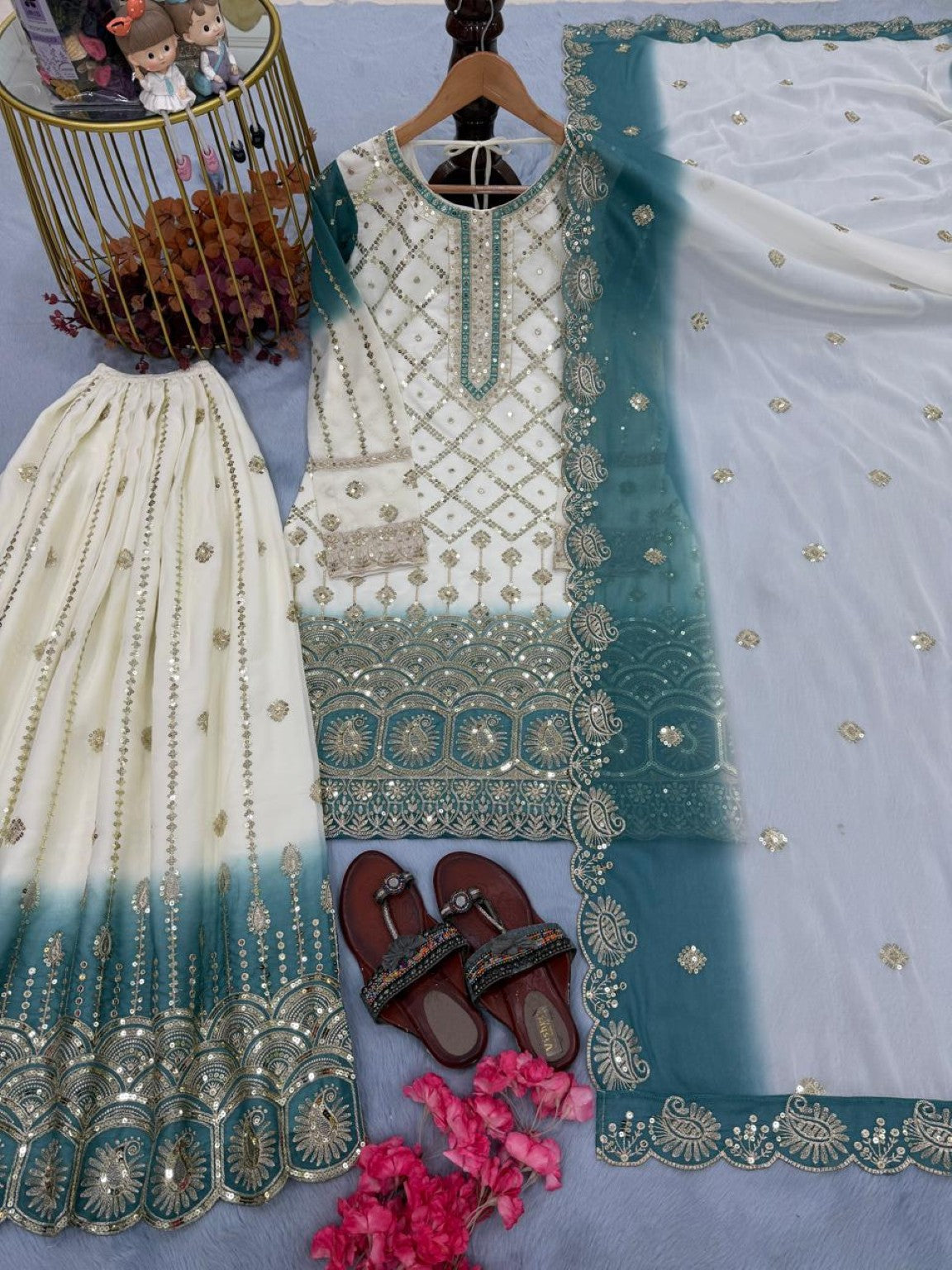 Anaita Blue & White Georgette Readymade Suit with Embroidery & Sequence Work