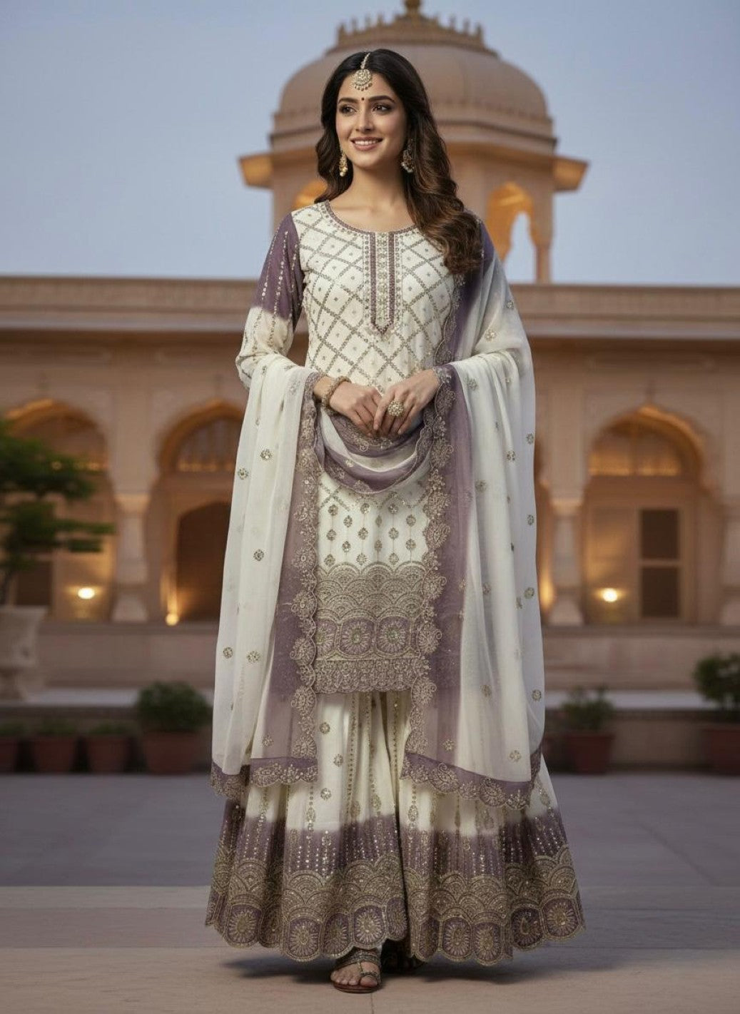 Anaita Lavender & White Georgette Readymade Suit with Embroidery & Sequence Work