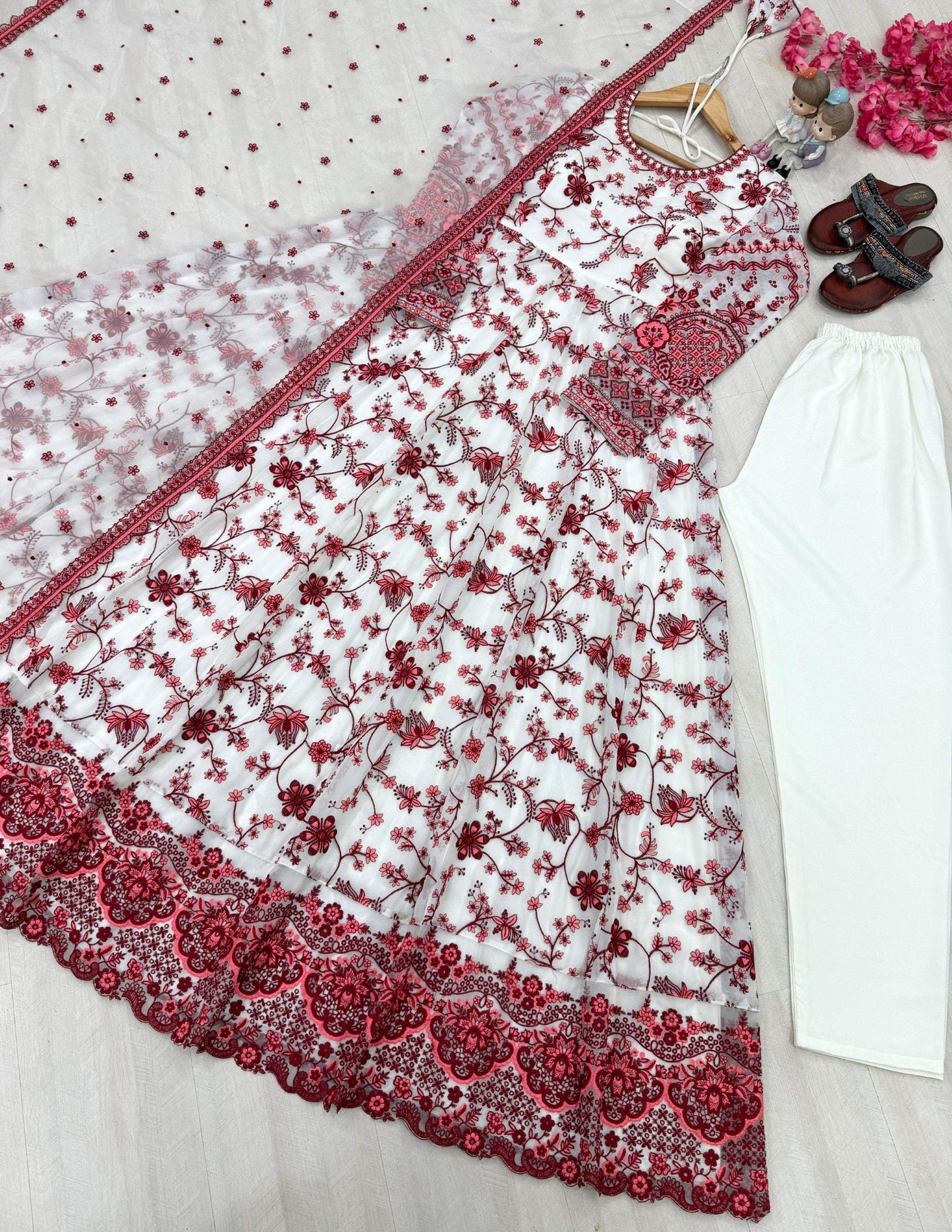 Anaita Red & White Faux Georgette Readymade Suit with Embroidery & Tassels attached