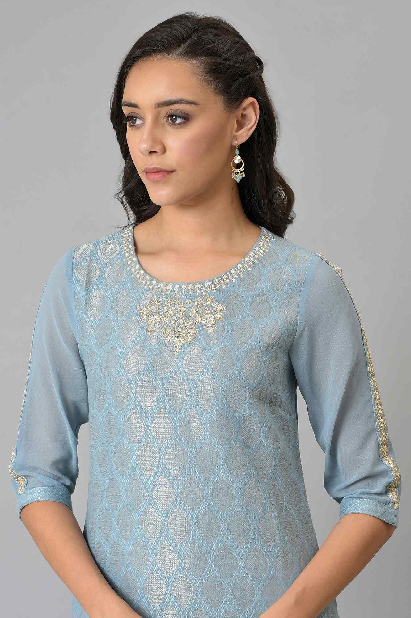W for Woman Sky Blue Jacquard kurta With Embroidery
