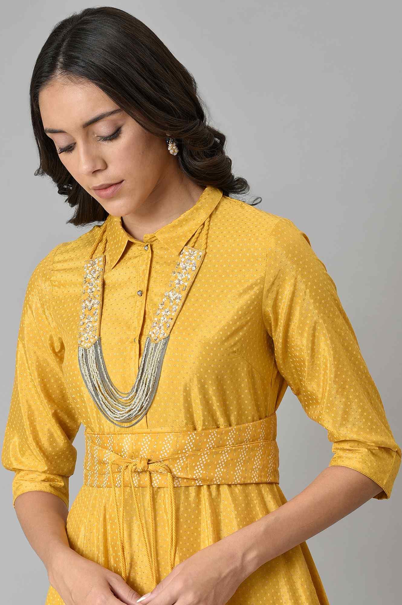 W for Woman Yellow Glitter Printed Shirt Dress With Embroidered Neckpiece