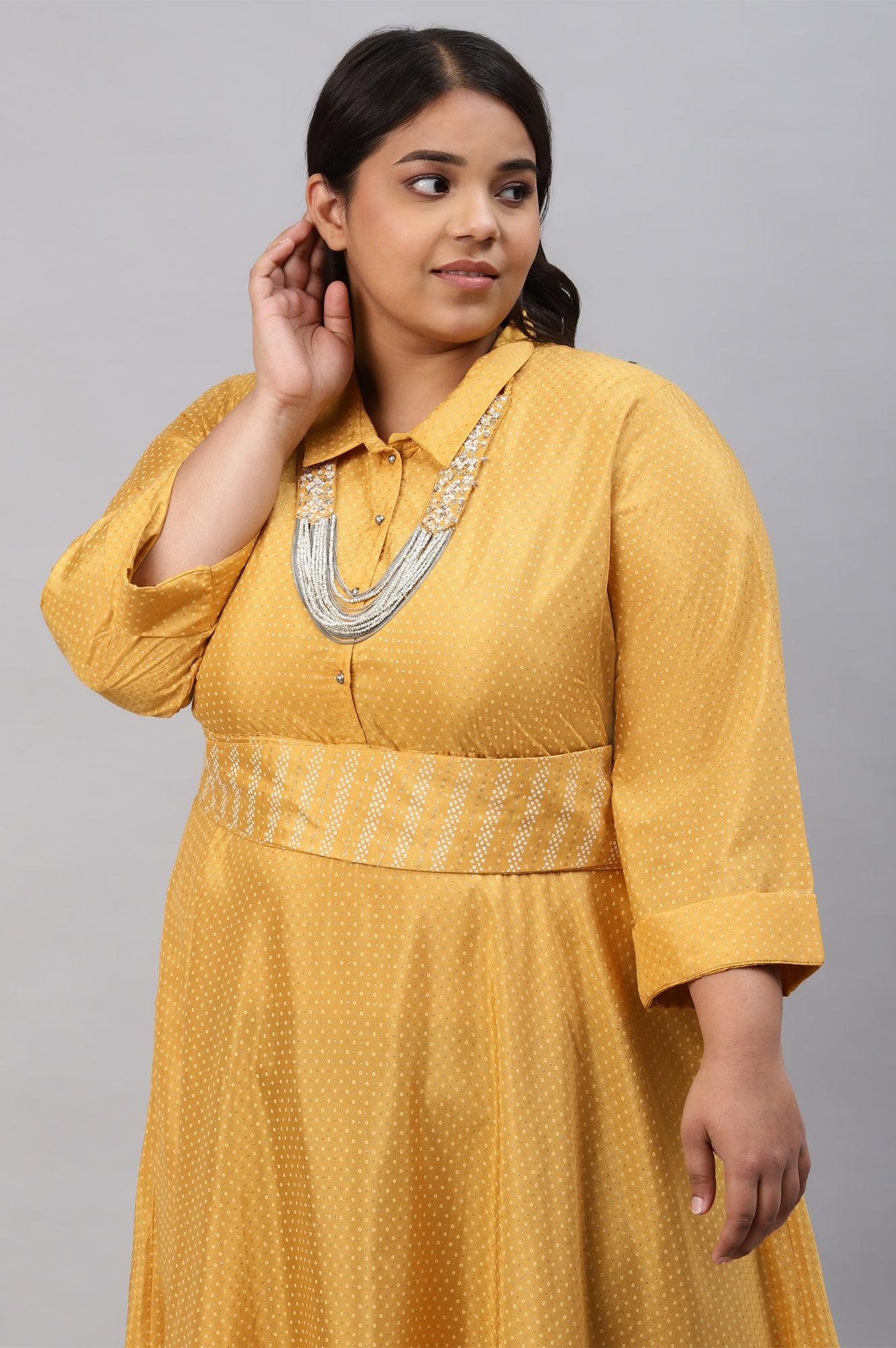 W for Woman Yellow Glitter Printed Plus Size Shirt Dress With Embroidered Neckpiece