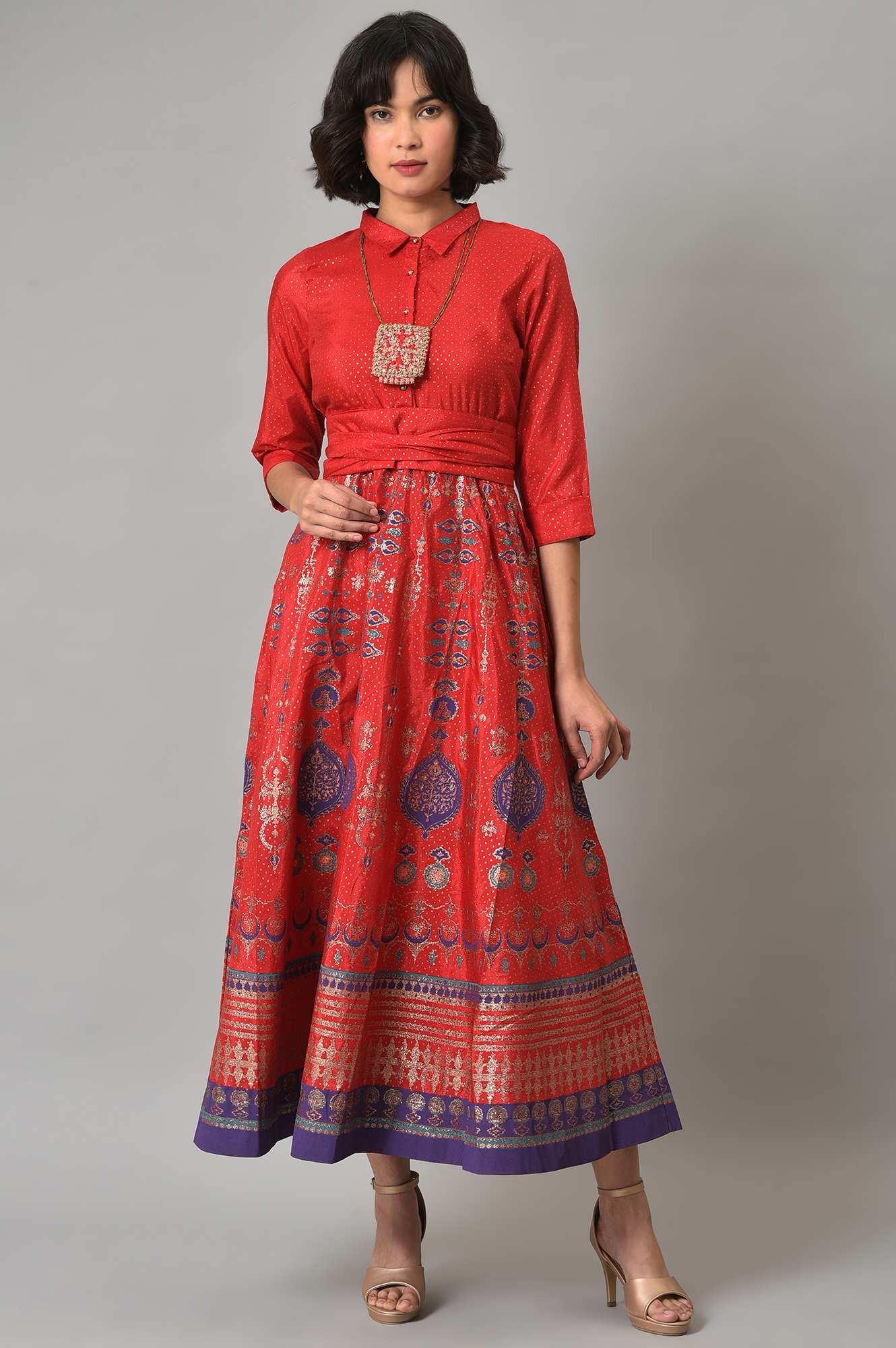 W for Woman Red Glitter Printed Festive Shirt Dress With Placket