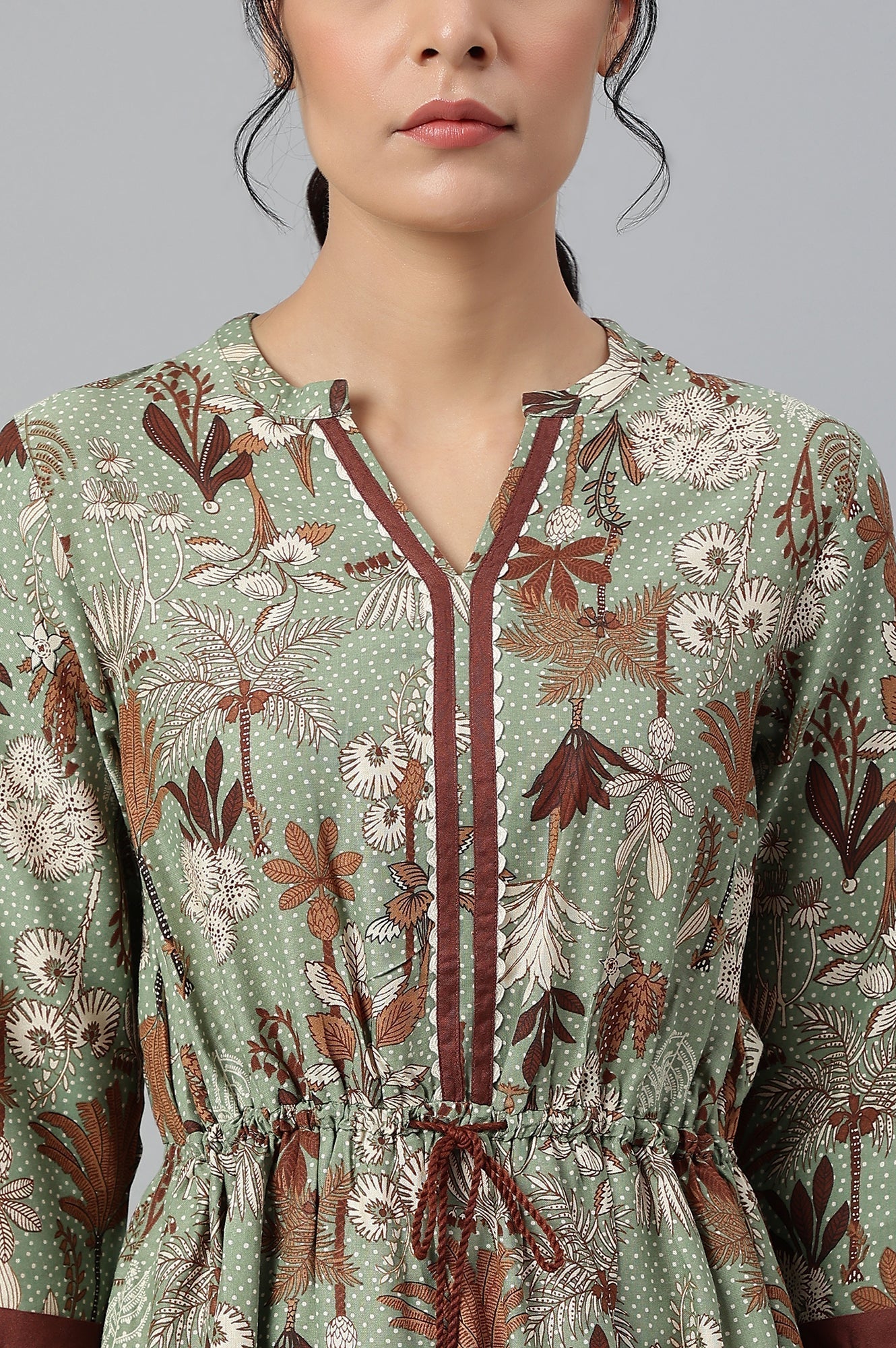 W for Woman Green Printed Gathered Western Dress