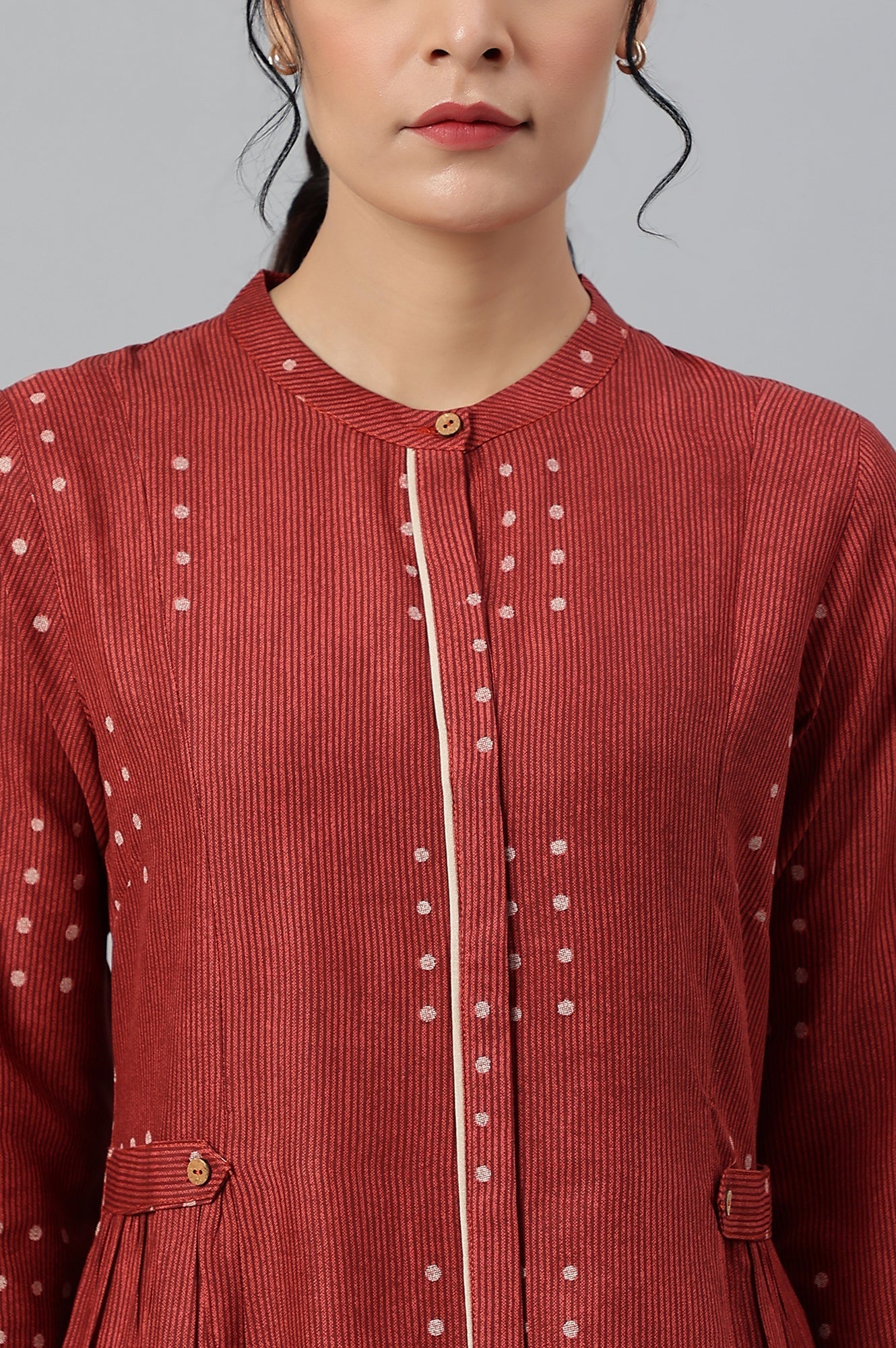 W for Woman Red Full Placket Shirt-Dress kurta In Rayon Fabric