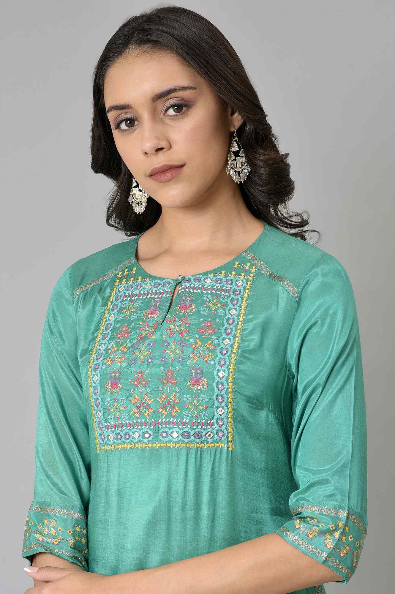 W for Woman Marine Green Embroidered and Mirror work Kurta