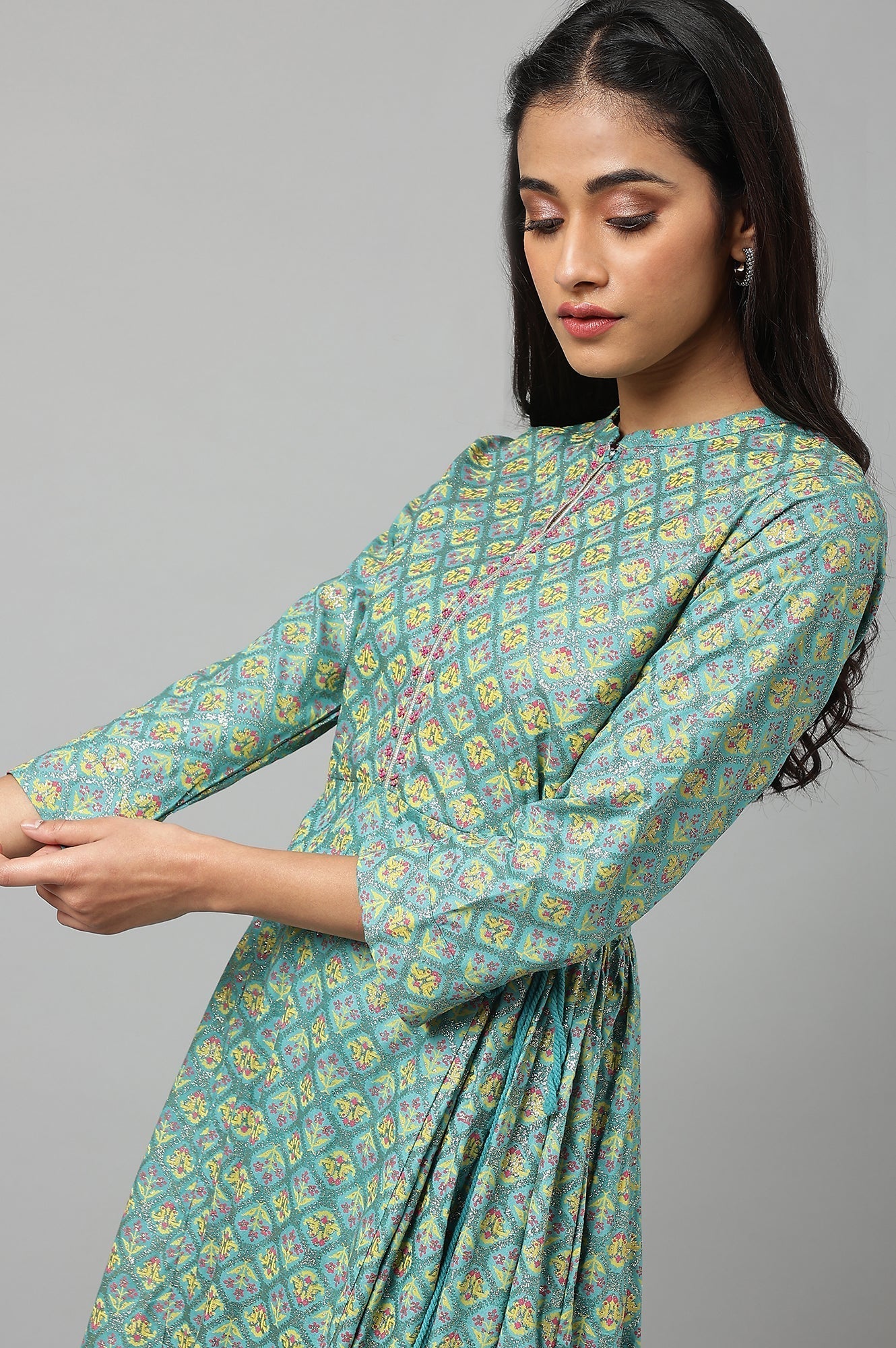 W for Woman Blue Gathered kurta With Bead Work