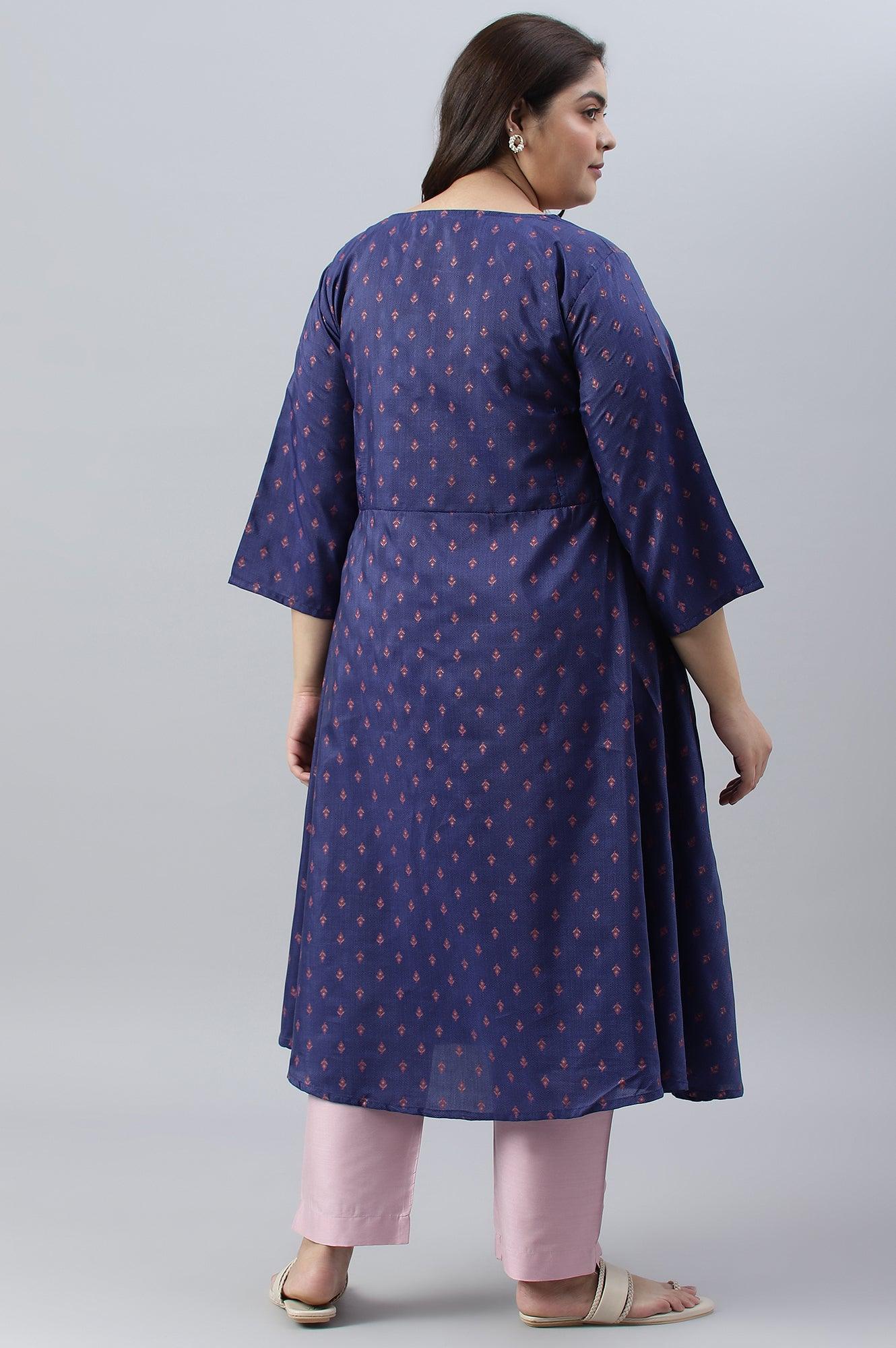 W for Woman Plus Size Navy Blue Circular kurta With Seqiuns