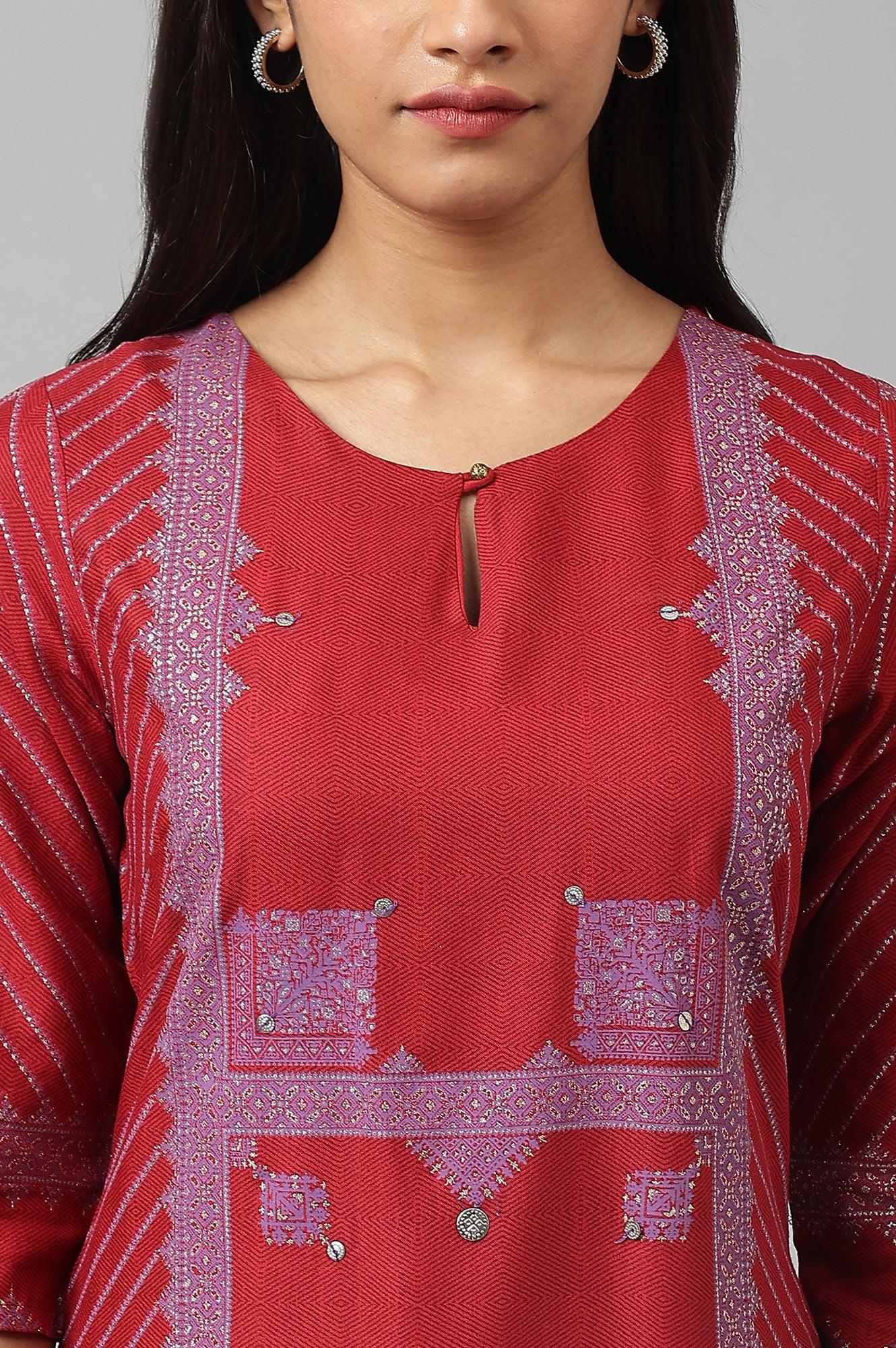W for Woman Red Placement Print Embellished kurta