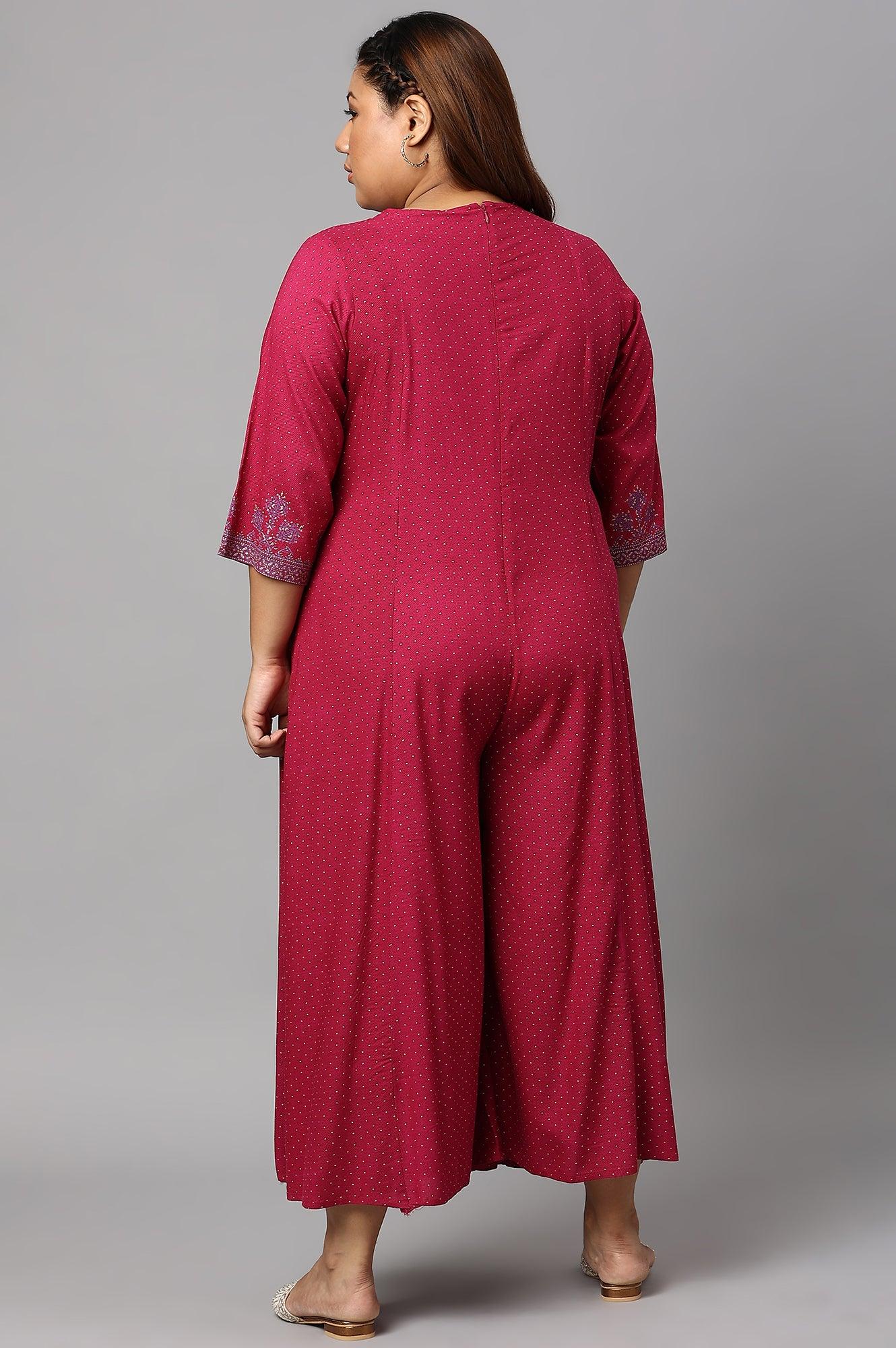 W for Woman Plus Size Dark Pink Mock Layer Embellished Liva Eco Kimono Jumpsuit