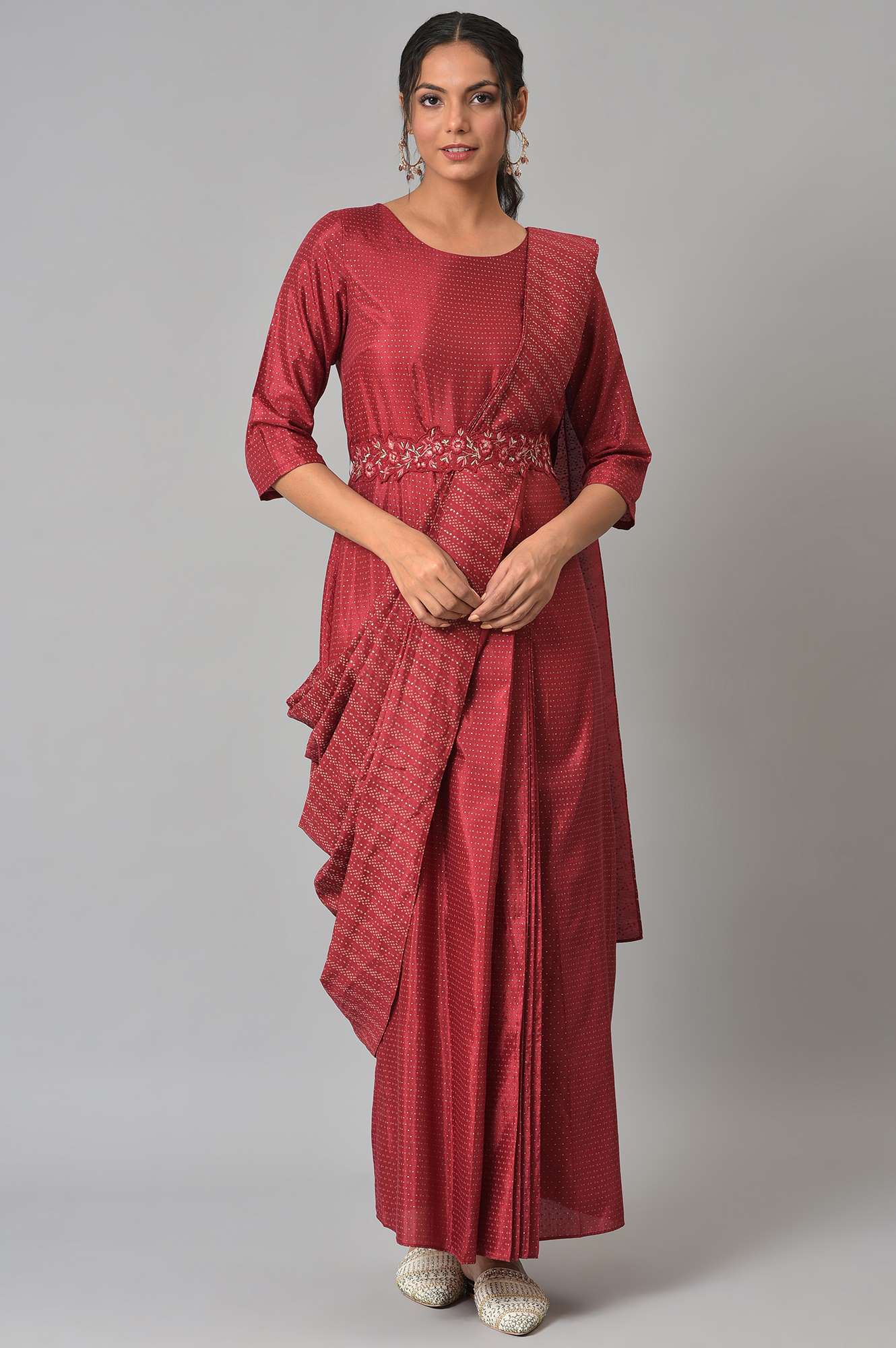 W for Woman Maroon Festive Maxi Saree Dress with Embroidered Belt