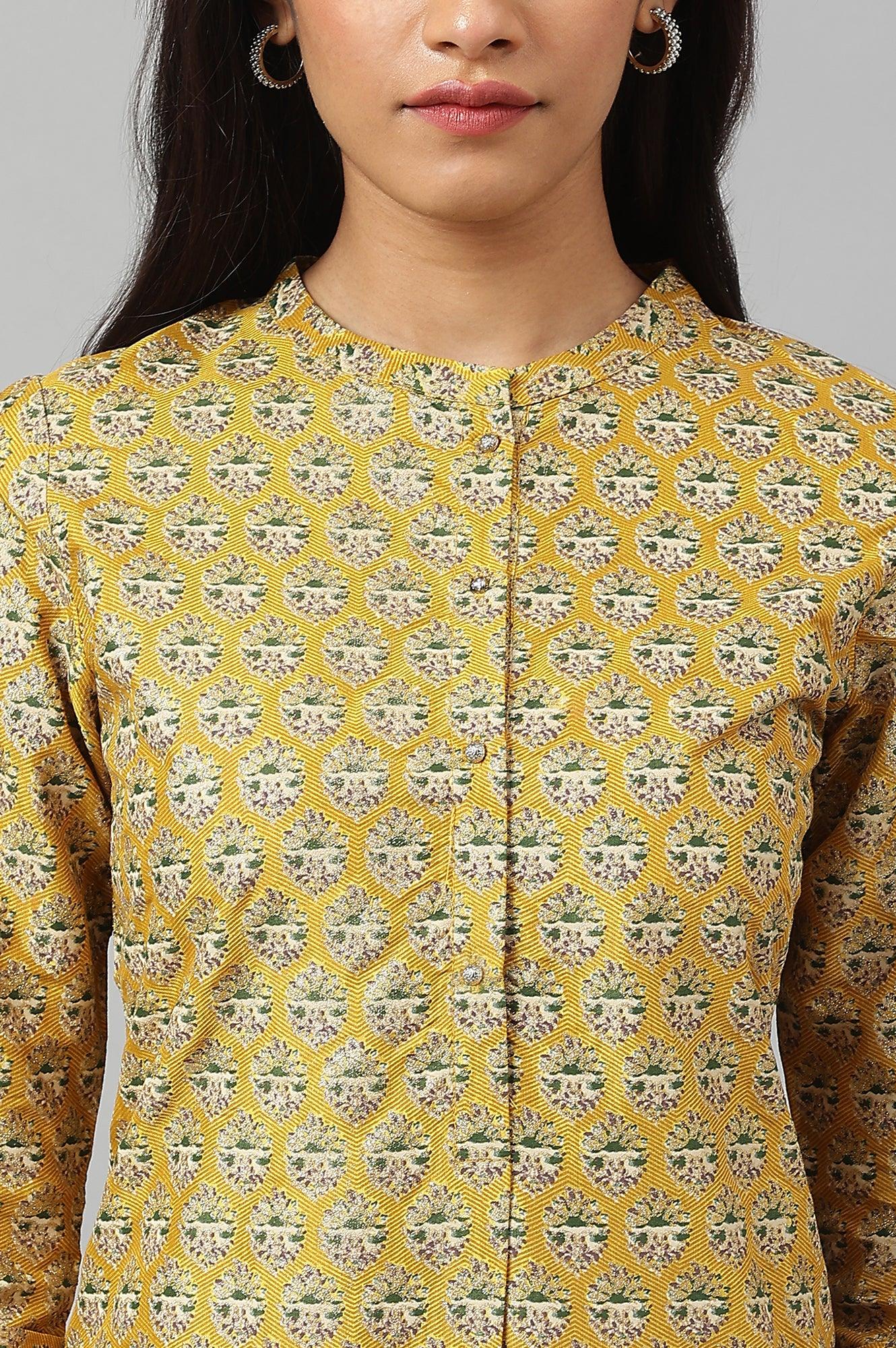 W for Woman Mustard Glitter Printed kurta In Mandarin Collar