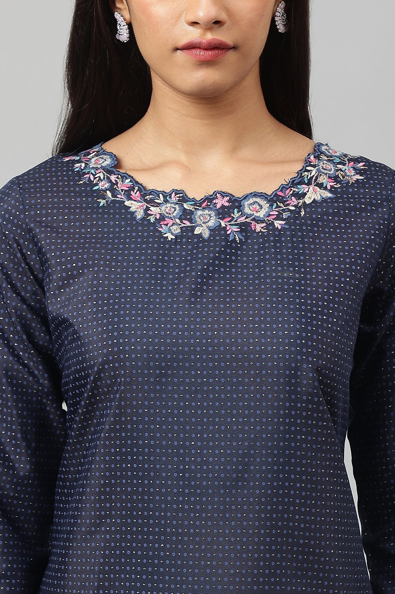 W for Woman Navy Blue Festive Kurta with Embroidered Neck