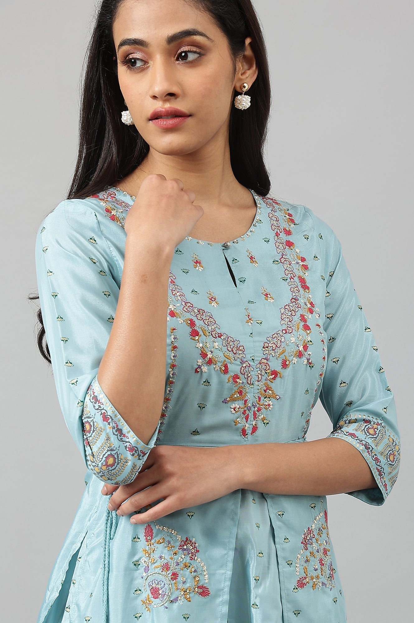 W for Woman Light Blue Attached Dress With Embroidery