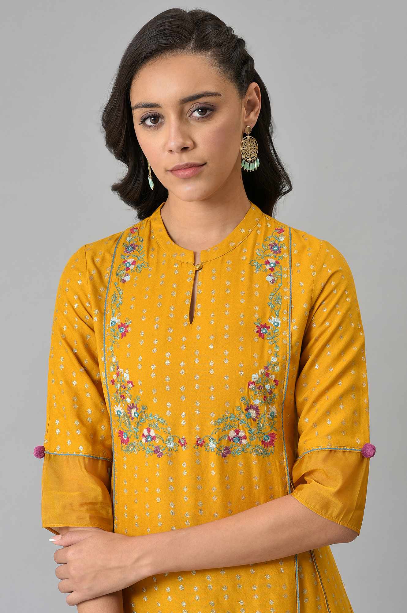 W for Woman Mustard Glitter Printed And Embroidered kurta