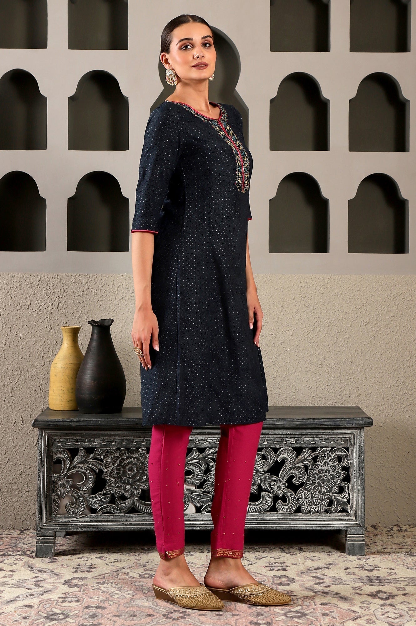 W for Woman Blue Glitter Printed Embroidered Shantung A-line Kurta