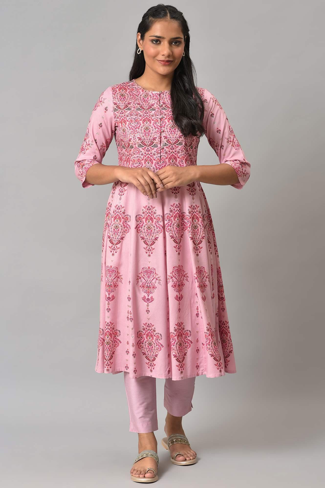 W for Woman Pink Floral Print kurta With Sequins