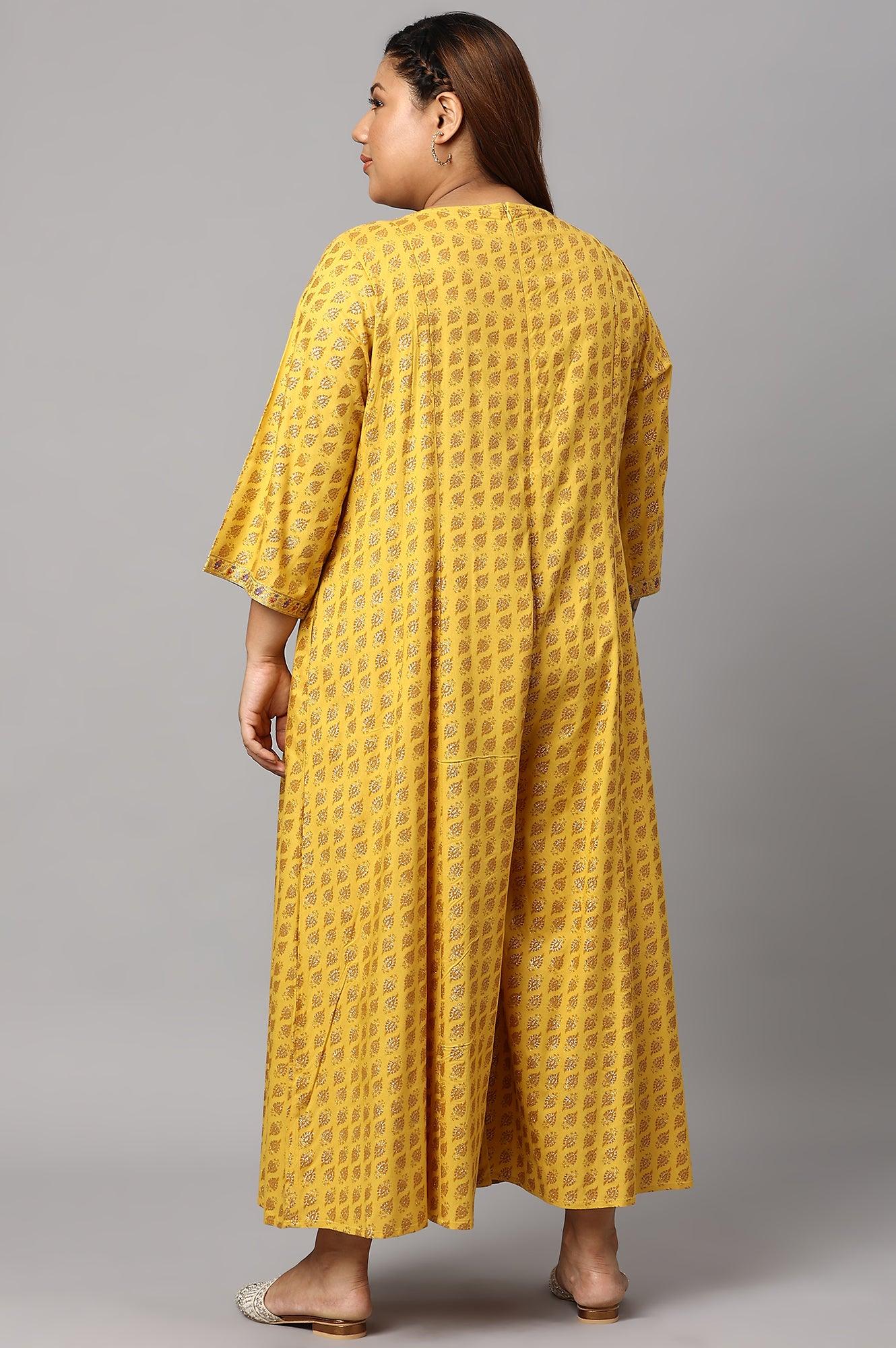 W for Woman Yellow Glitter Printed Mock Layered Embellished Plus Size Kimono Jumpsuit