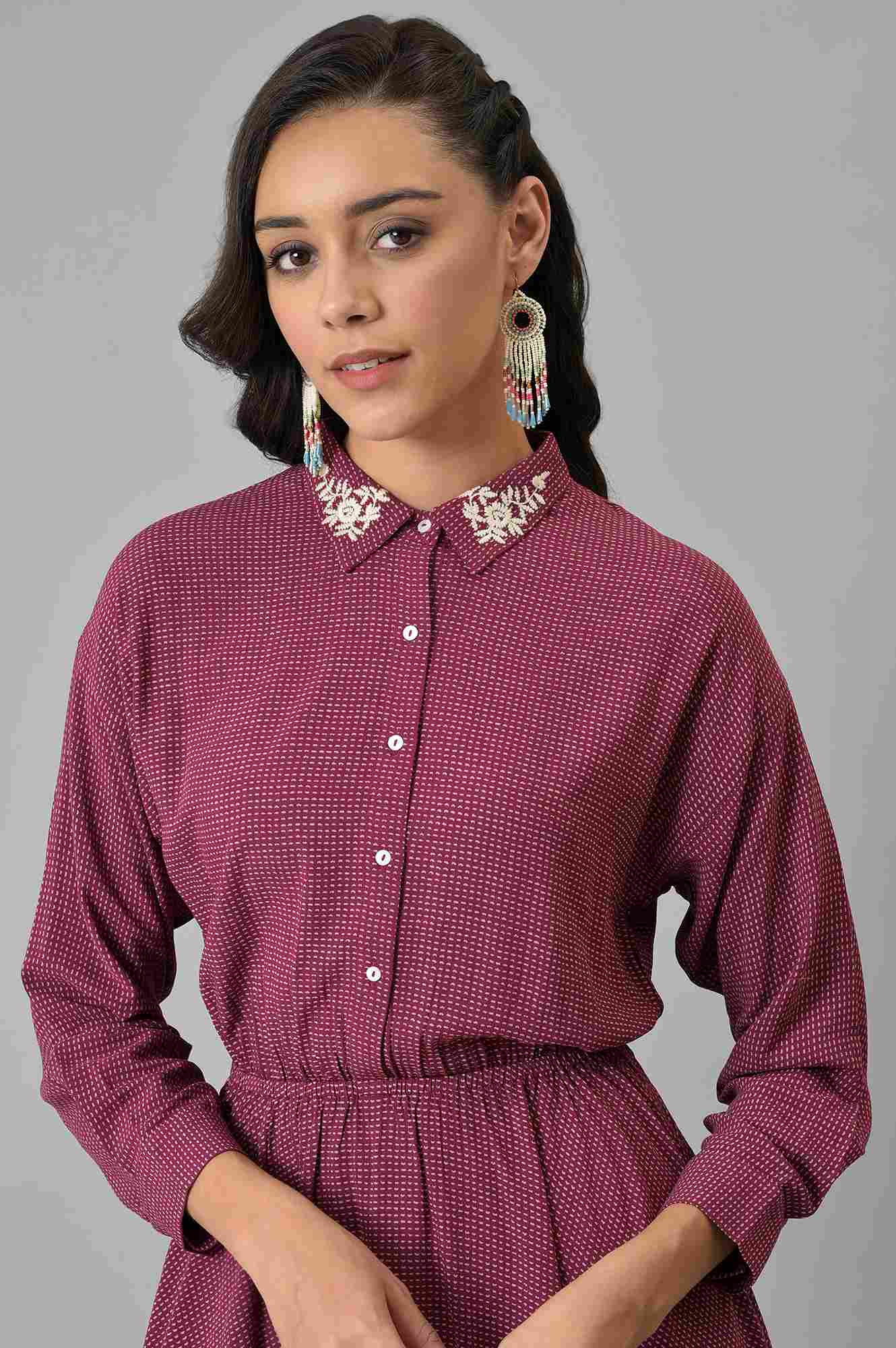 W for Woman Pink Printed Dress And Embroidered Collar