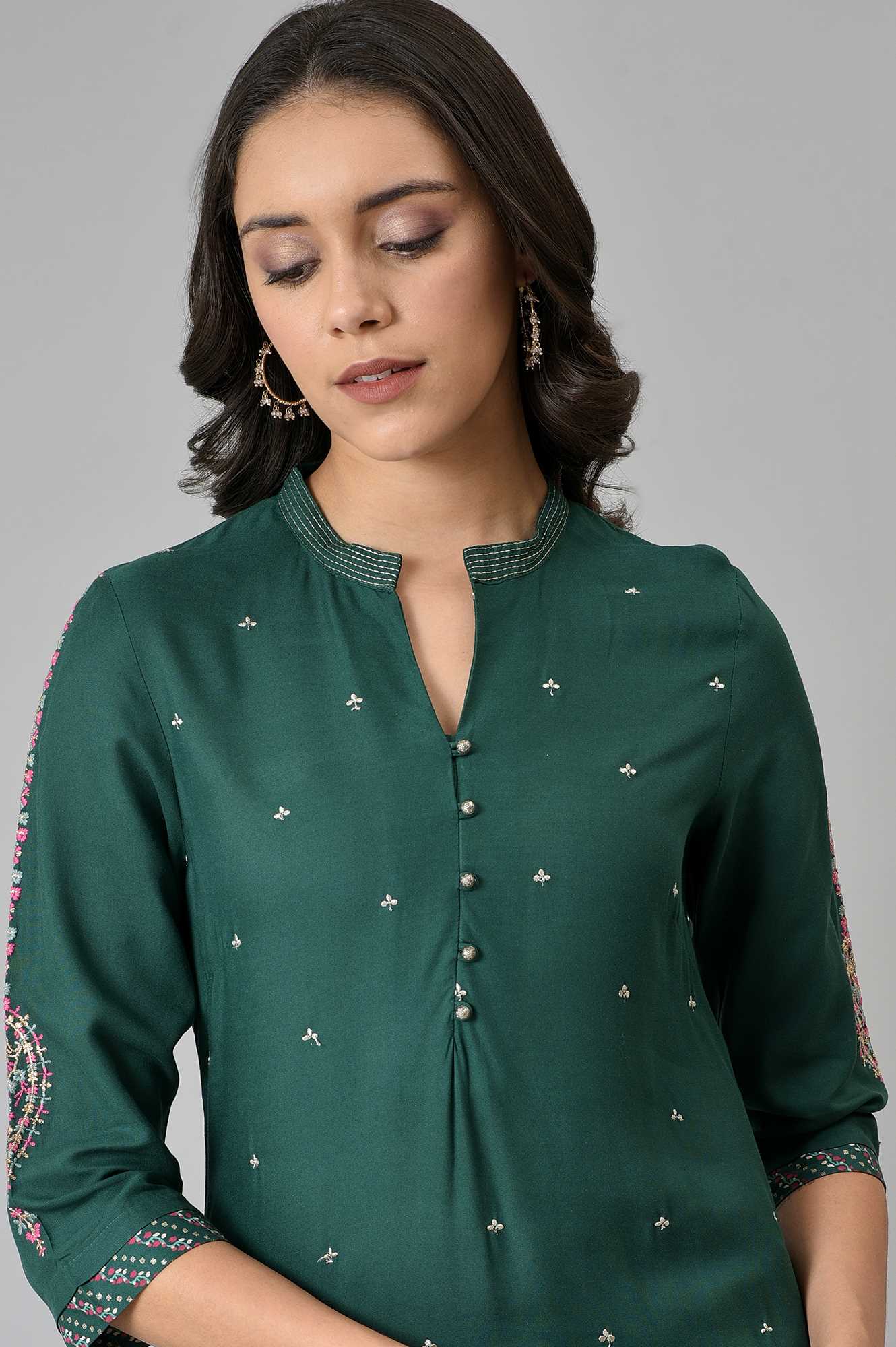 W for Woman Green Metallic Embroidered Button Down kurta