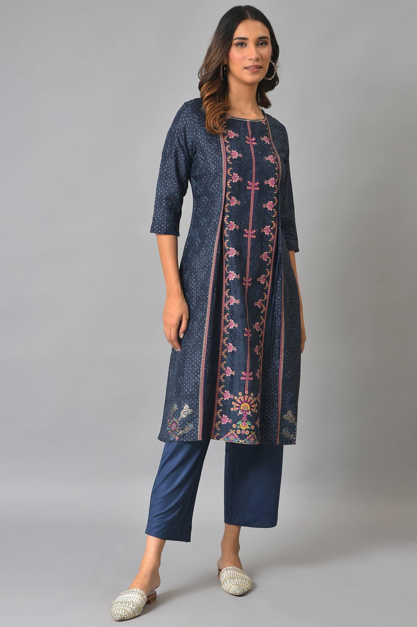 W for Woman Royal Blue Mock Layered Festive kurta