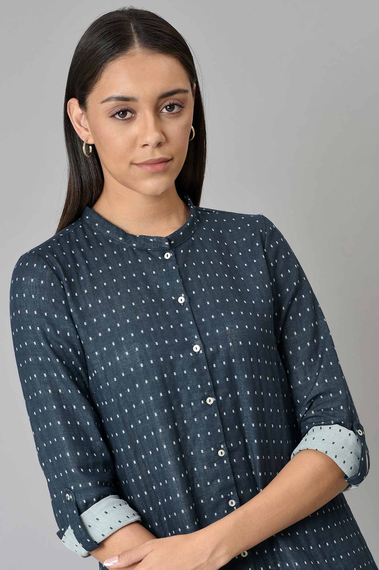 W for Woman Dark Blue Dobby Button Down Shirt