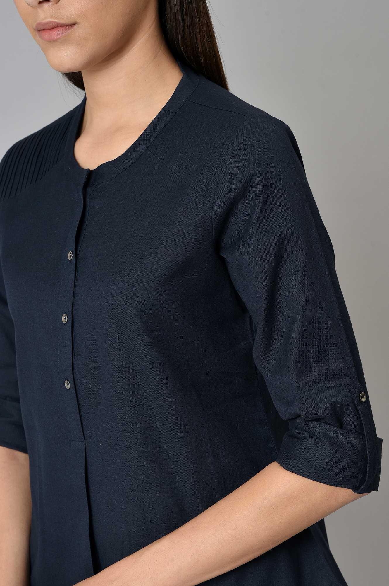 W for Woman Navy Blue Cotton Flax Top