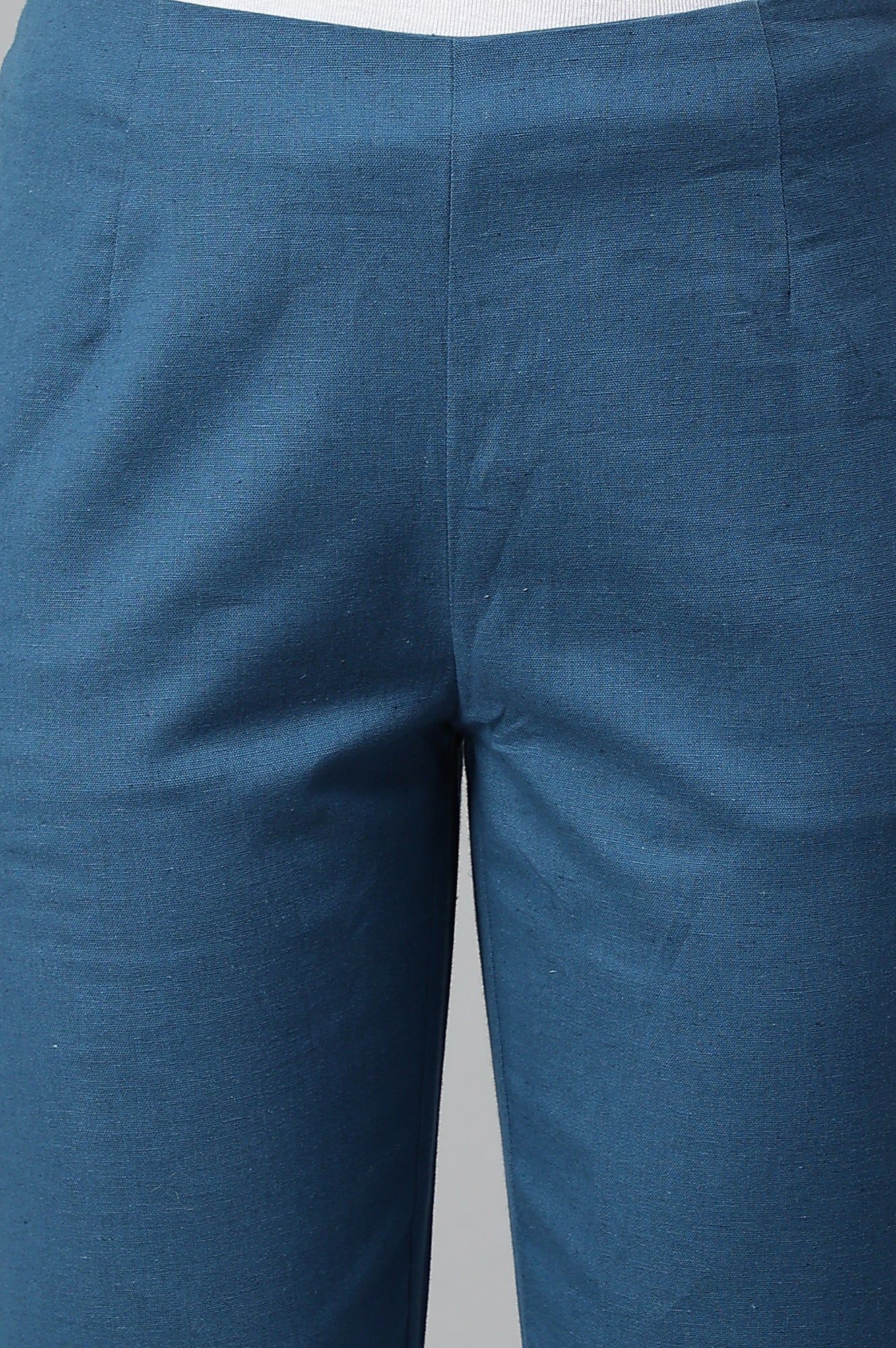 W for Woman Teal Blue Cotton Blend Slim Pants