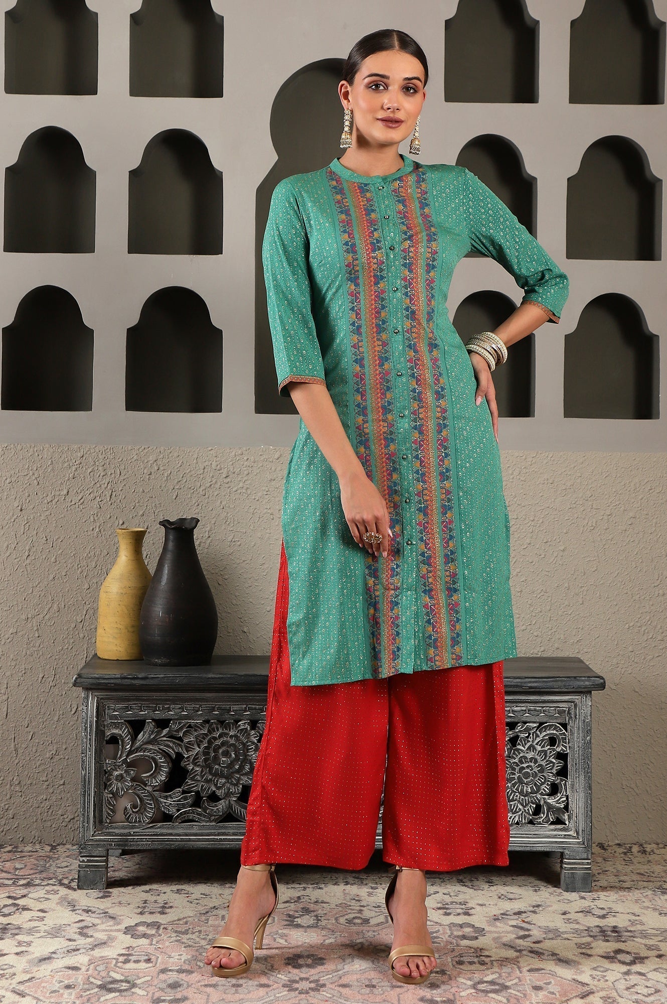 W for Woman Red Glitter Printed Rayon Parallel Pants