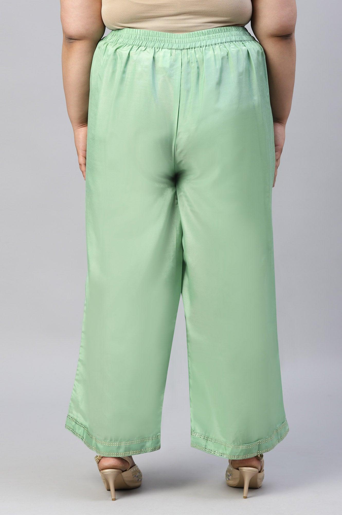 W for Woman Green Solid Shantung Plus Size Parallel Pants