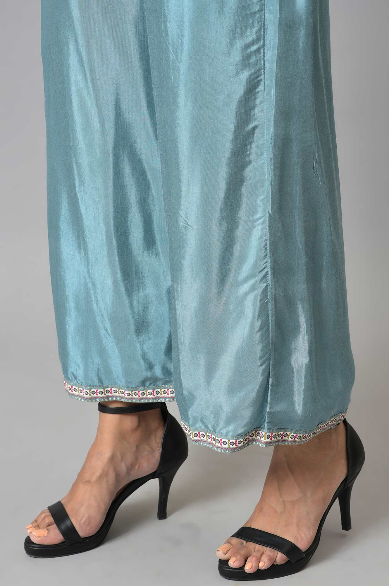 W for Woman Aqua Blue Shantung Straight Parallel Pants