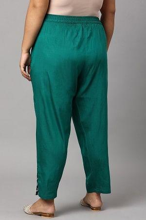 W for Woman Dark Green Solid Light Festive Plus Size Slim Pants