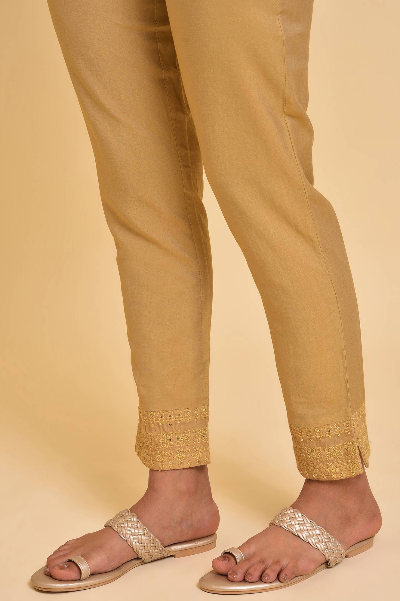 W for Woman Gold Solid Light Festive Slim Pants