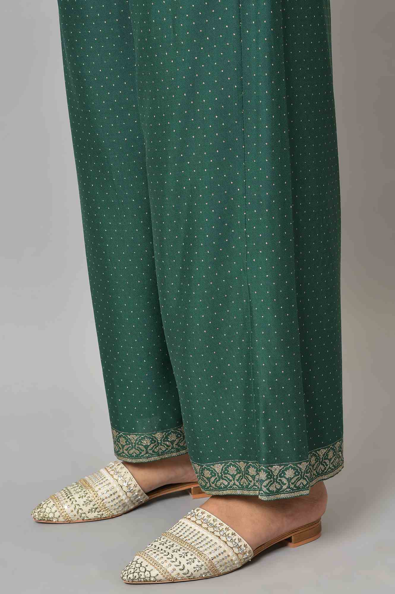 W for Woman Green Glitter Printed Parallel Pants