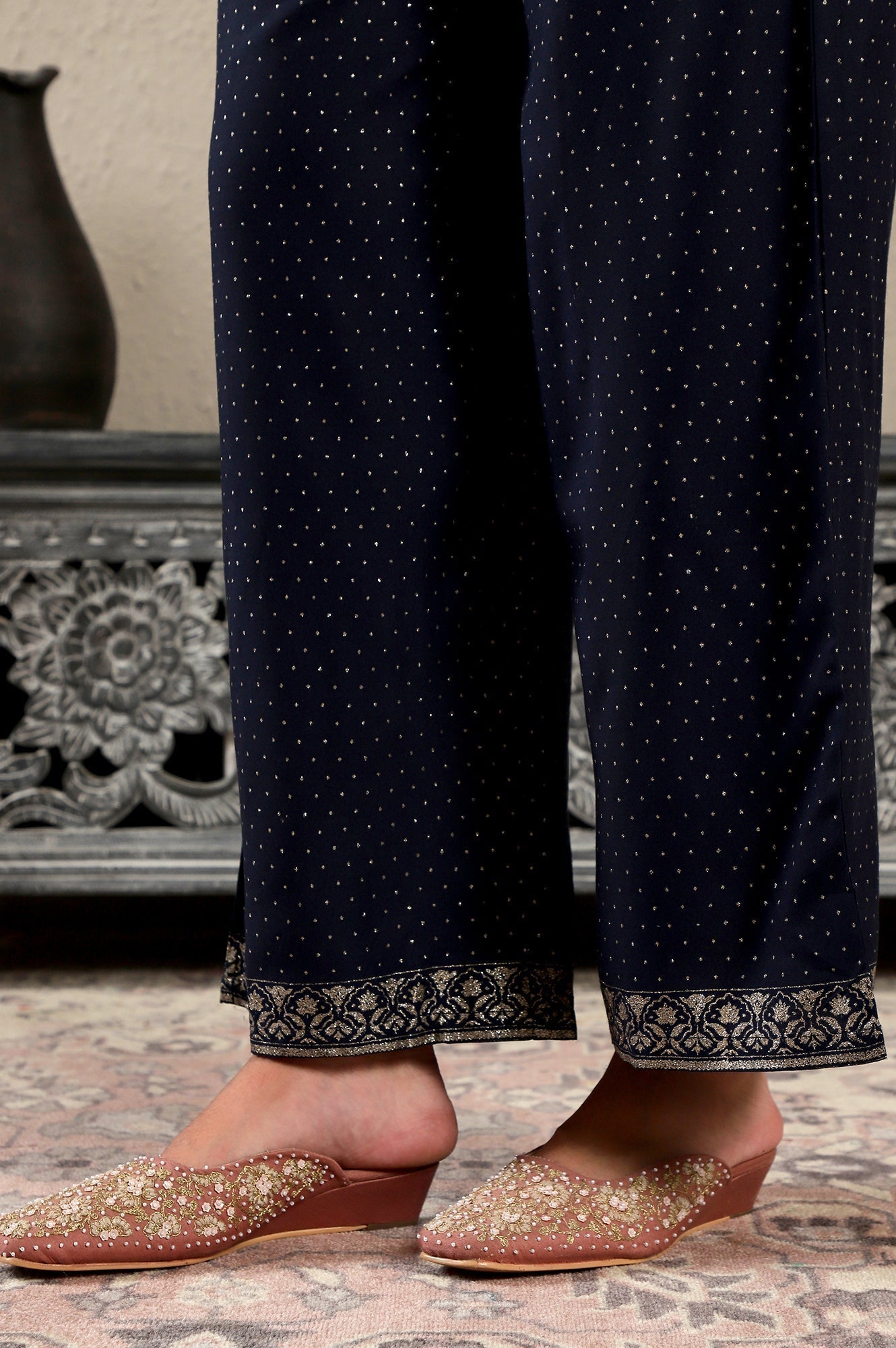 W for Woman Navy Blue Glitter Printed Rayon Parallel Pants