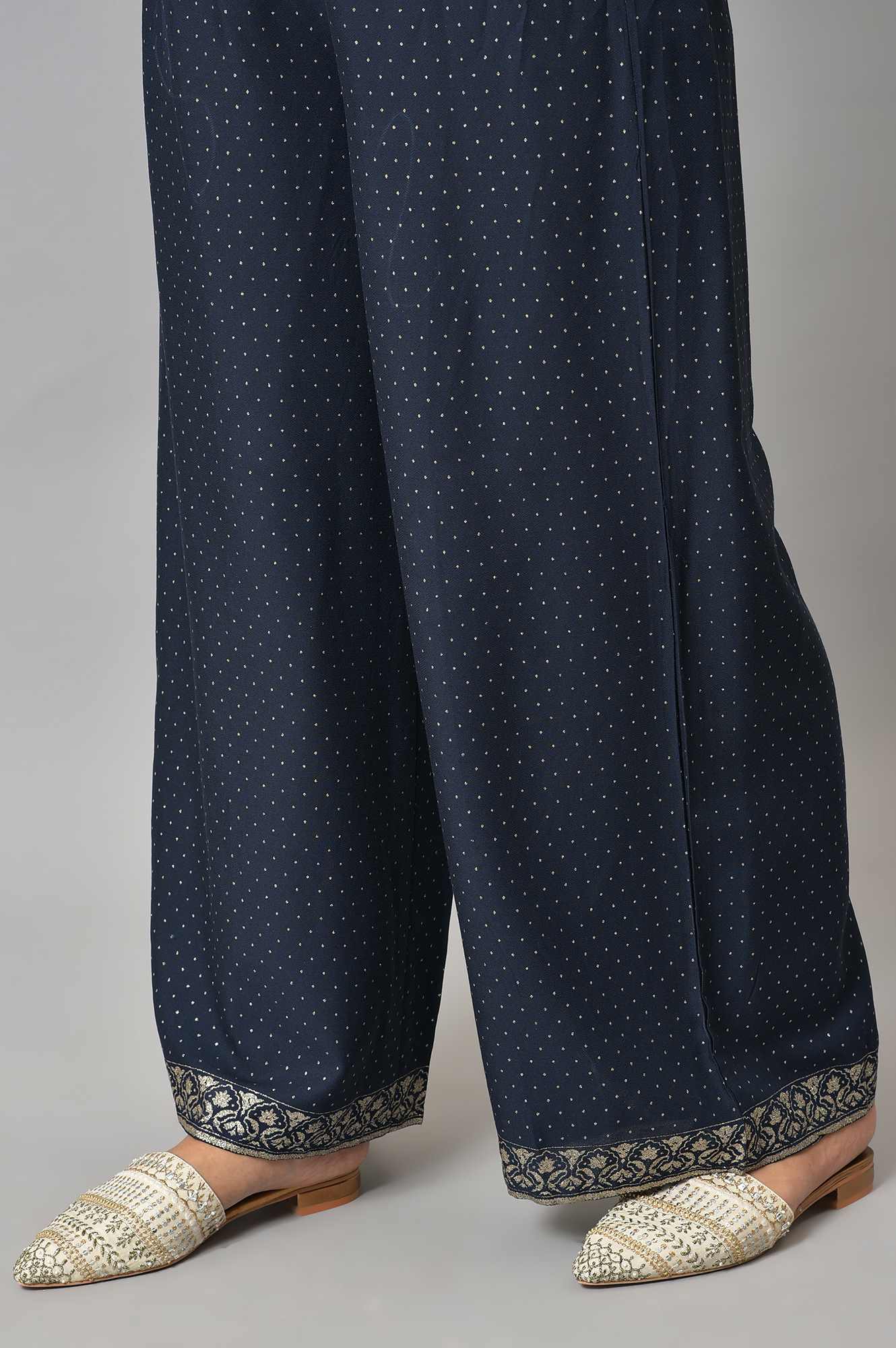 W for Woman Navy Blue Glitter Printed Parallel Pants