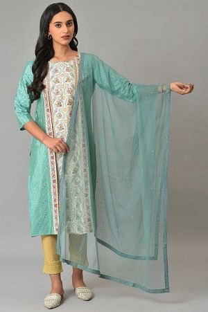 W for Woman Aqua Blue Mesh Dupatta With Sequins
