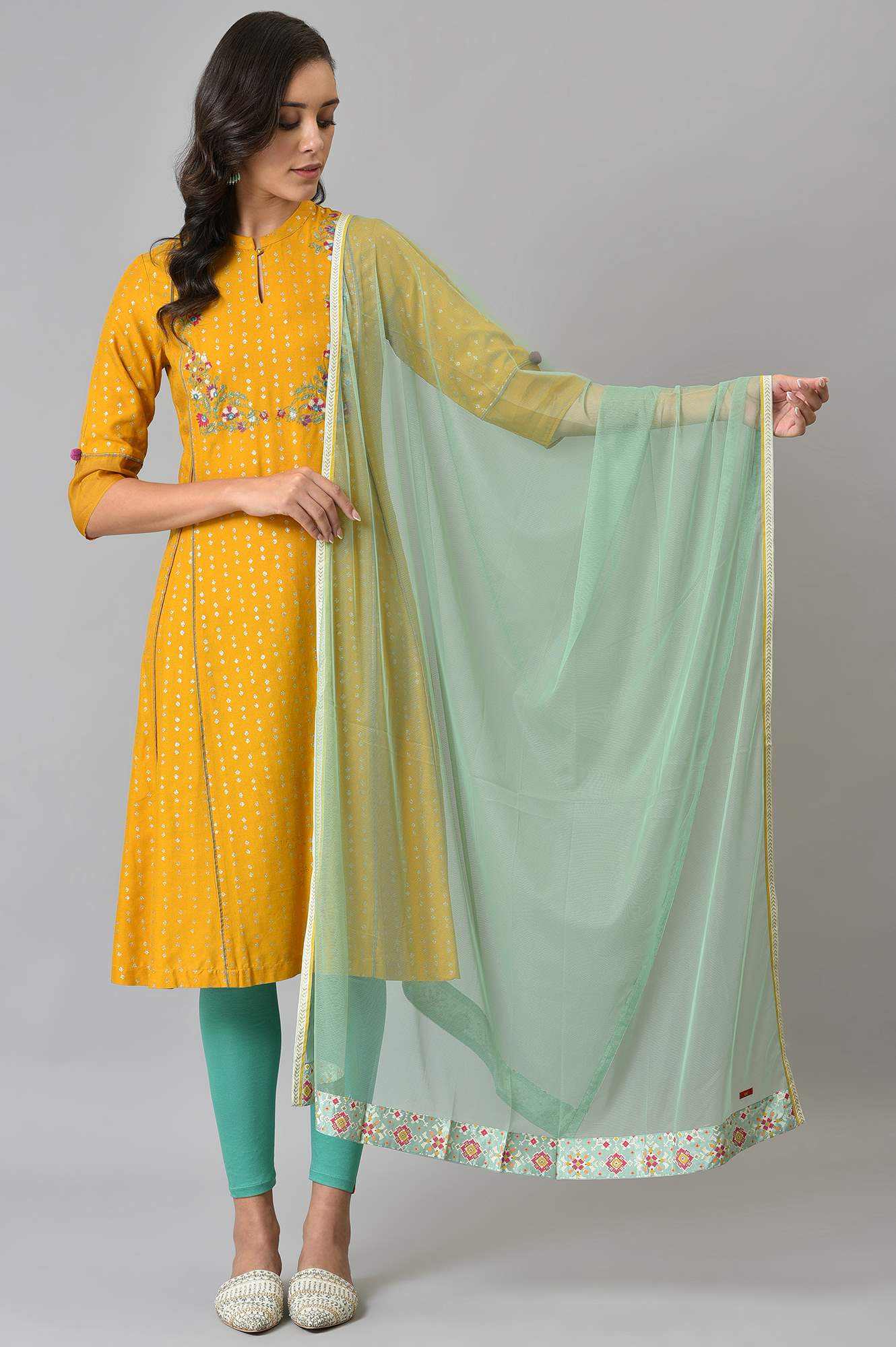 W for Woman Mint Green Mesh Dupatta With Printed Border