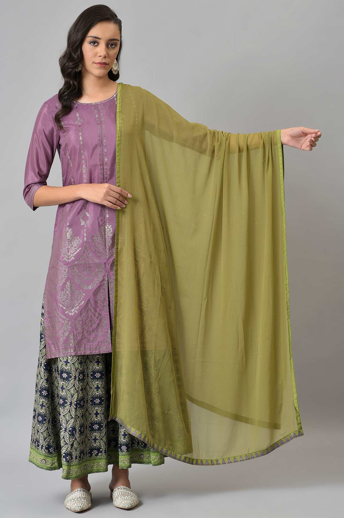 W for Woman Olive Green Crinckled Chiffon Dupatta With Mukaish
